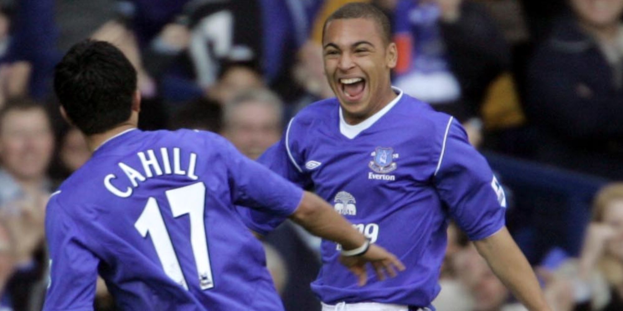 James Vaughan celebrates after scoring the fourth goal for Everton with Tim Cahill