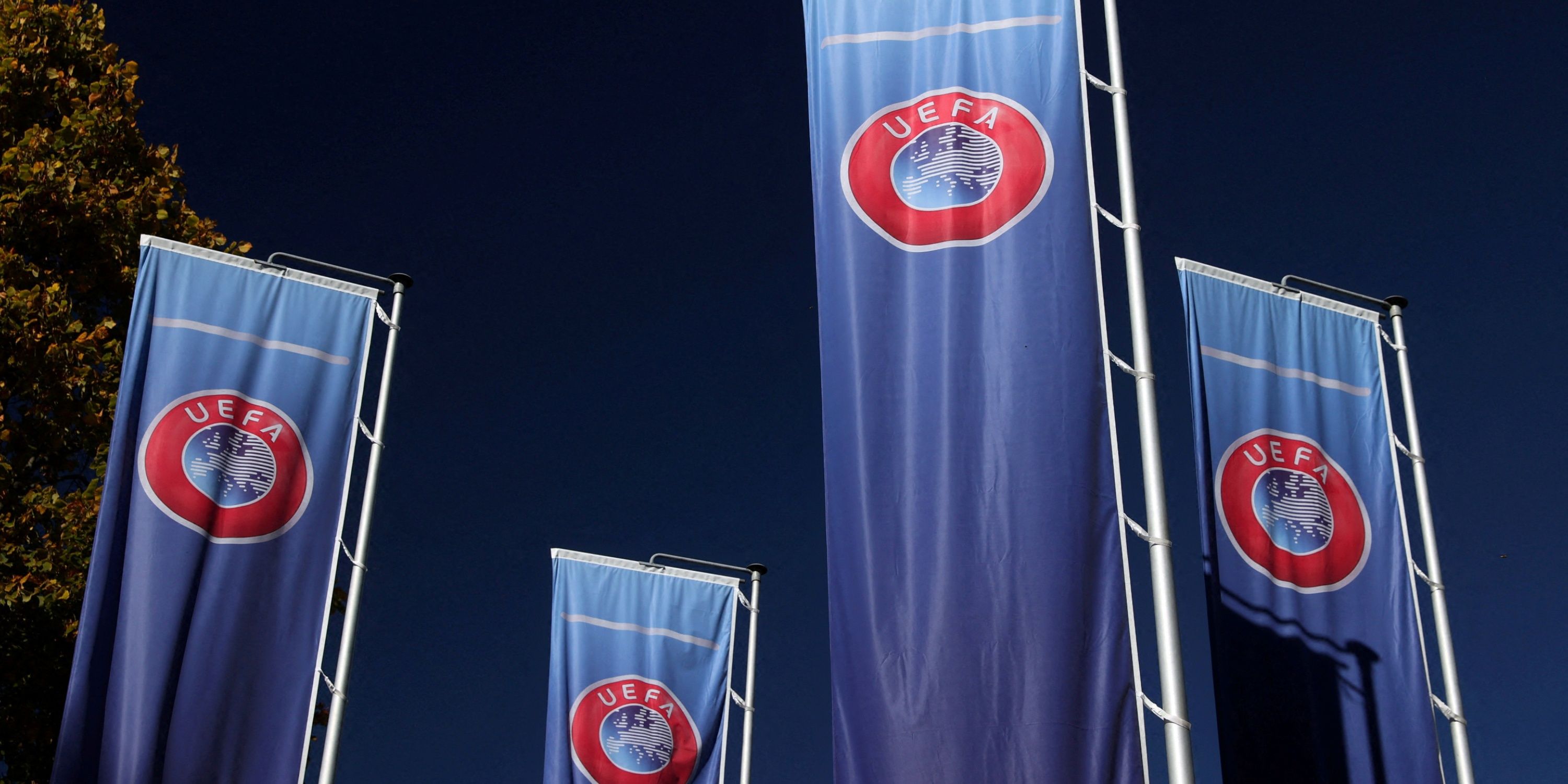 Flags bearing the crest of UEFA, the governing body of European football