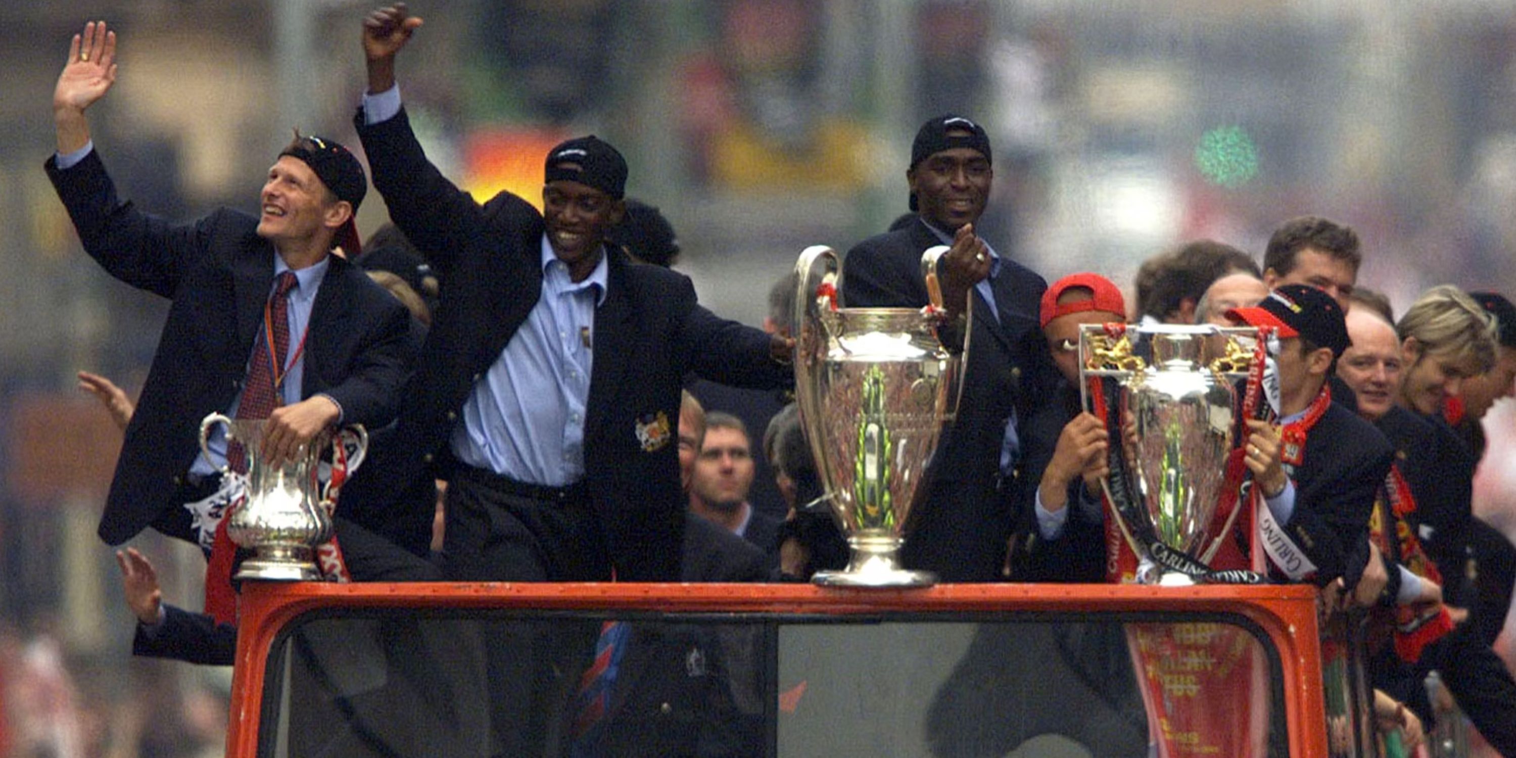 Sheringham and Cole after winning the treble at Man United