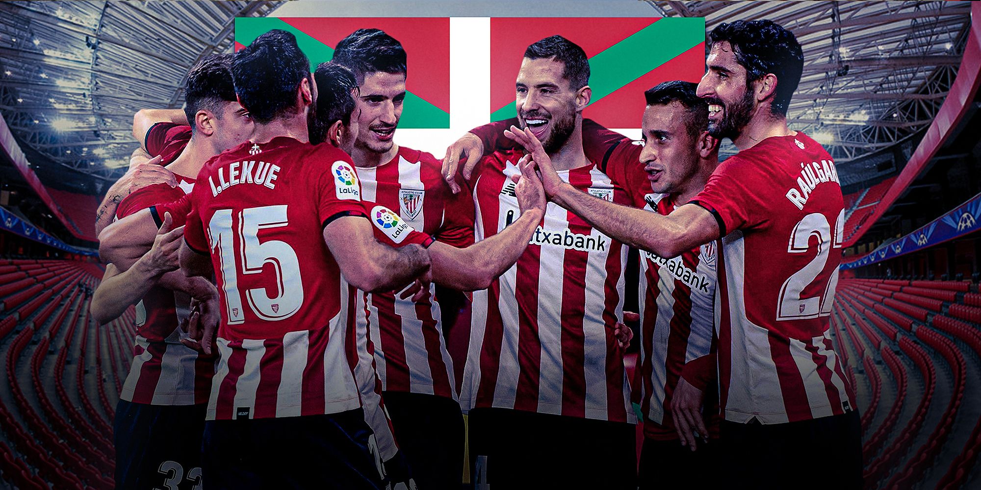 Collage featuring Athletic Bilbao players with the Basque flag.