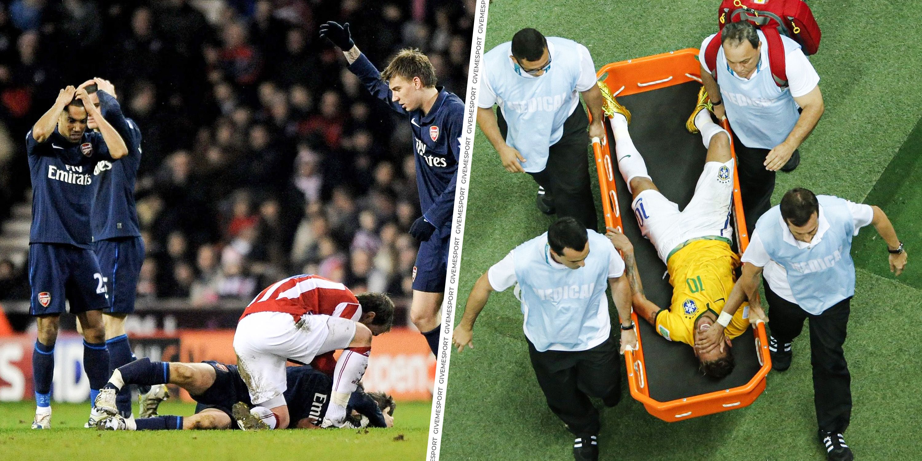 Aaron Ramsay (left) and Neymar (right) suffering injuries in football.