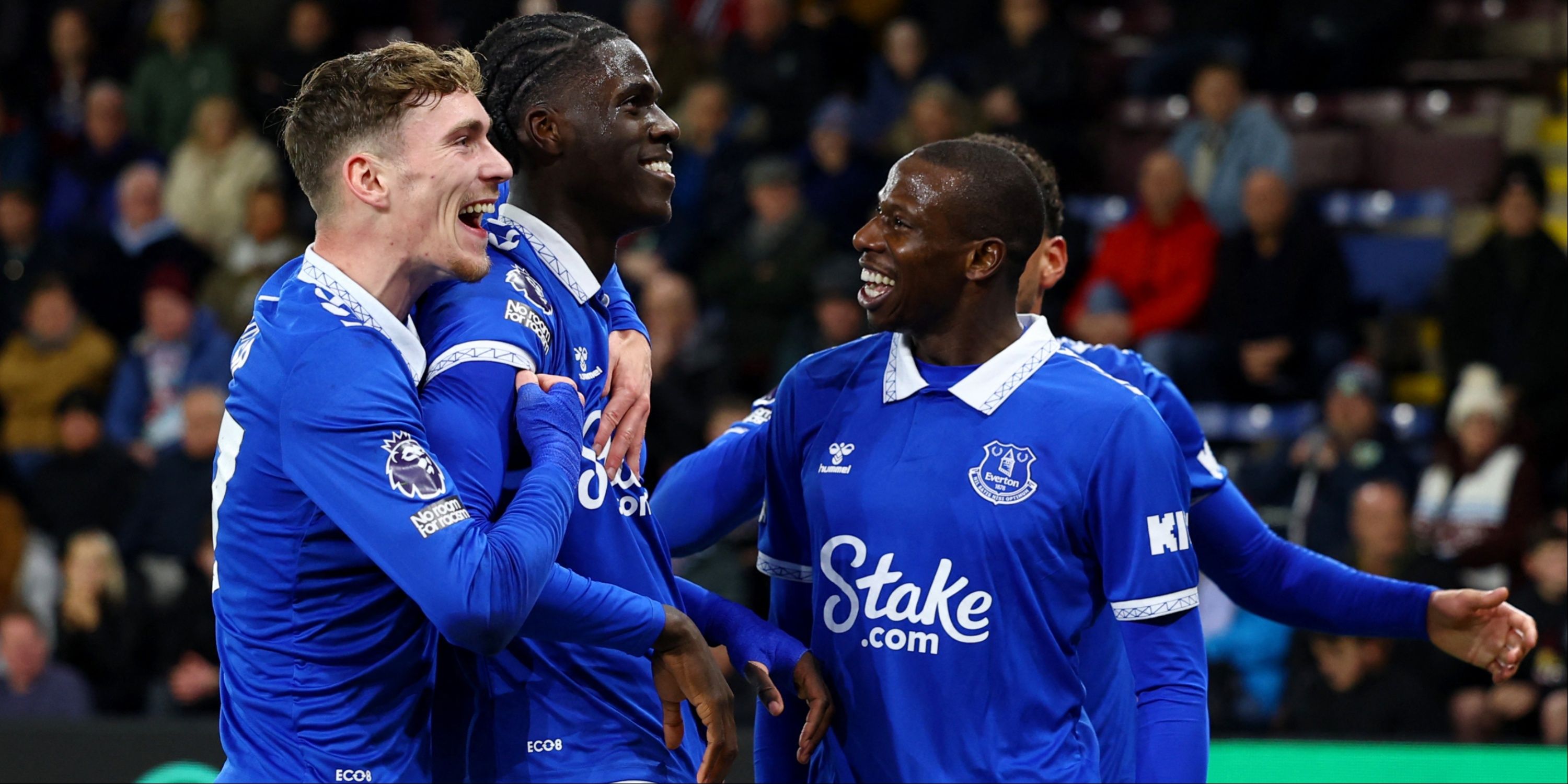Amadou Onana, James Garner and Abdoulaye Doucoure all celebrate an Everton goal. 