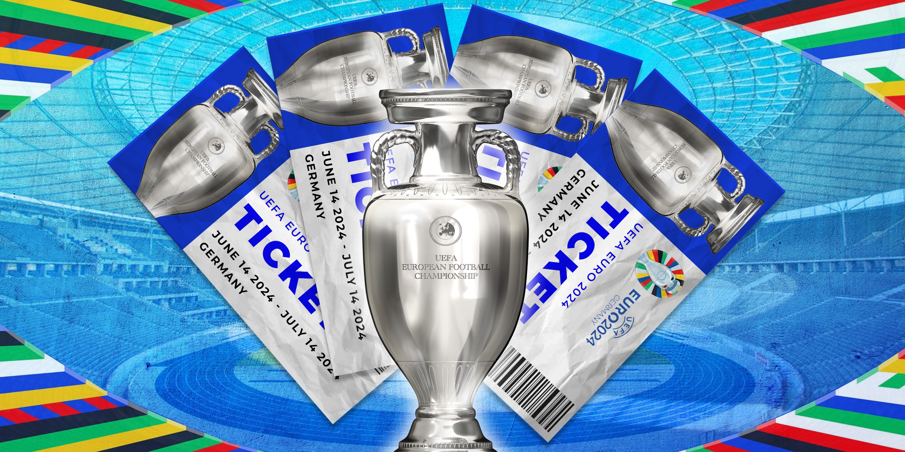Collage featuring Euro 2024 trophy and generic tickets.