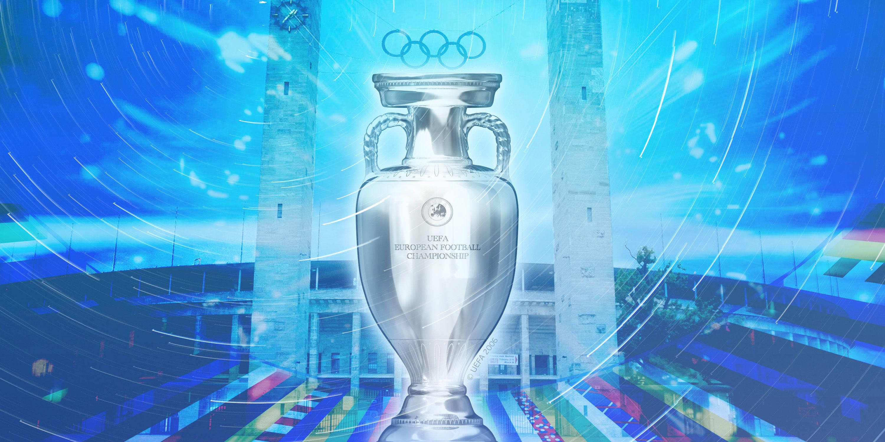 A collage featuring the EURO trophy and the Olympiastadion in Berlin, Germany.