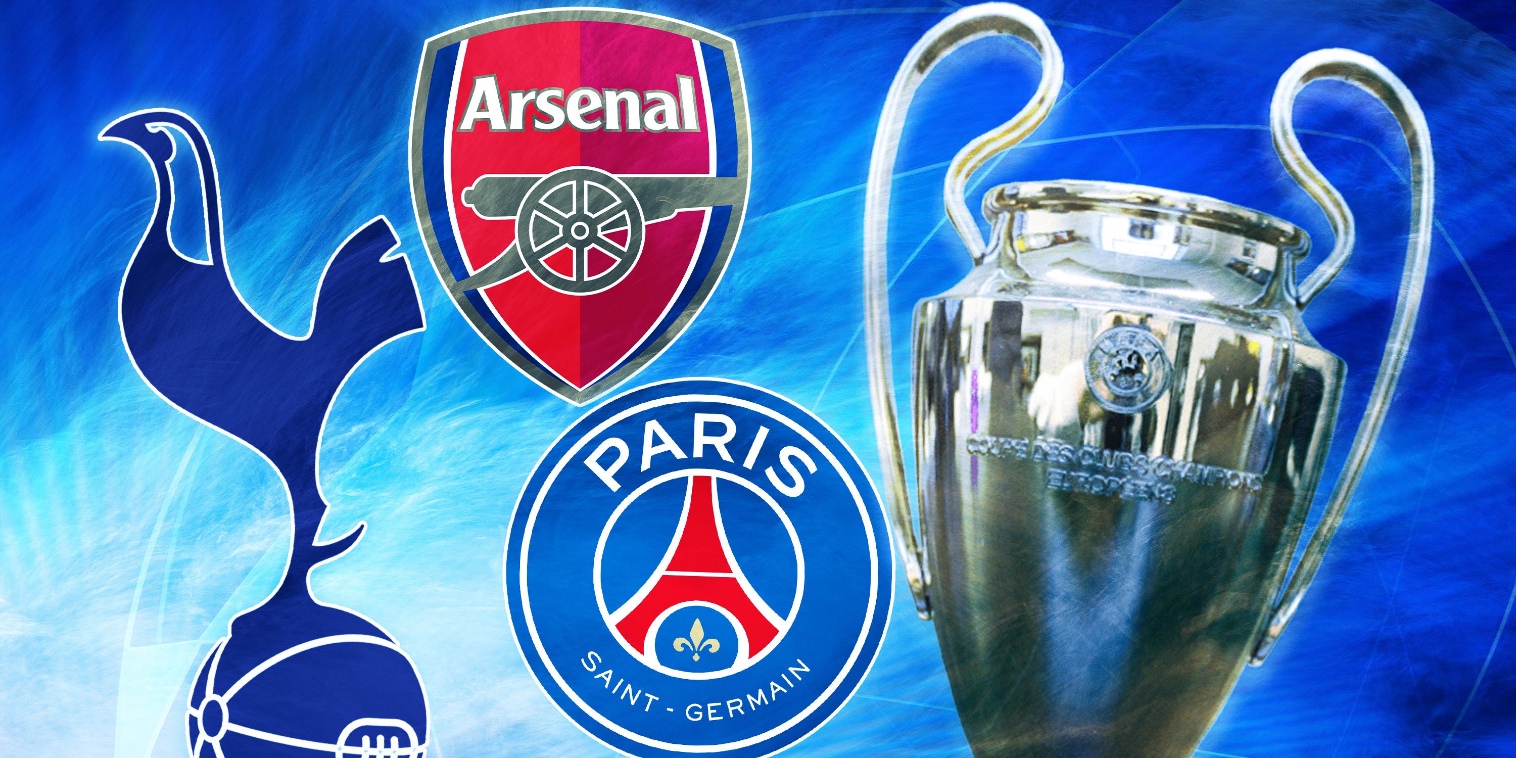 Collage featuring Tottenham, Arsenal and PSG crests with the Champions League trophy.
