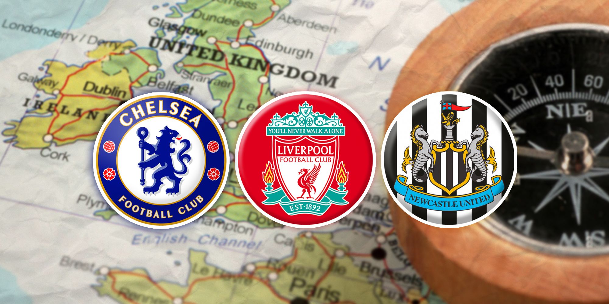 Collage of a map of the UK, Chelsea, Liverpool and Newcastle United crests.