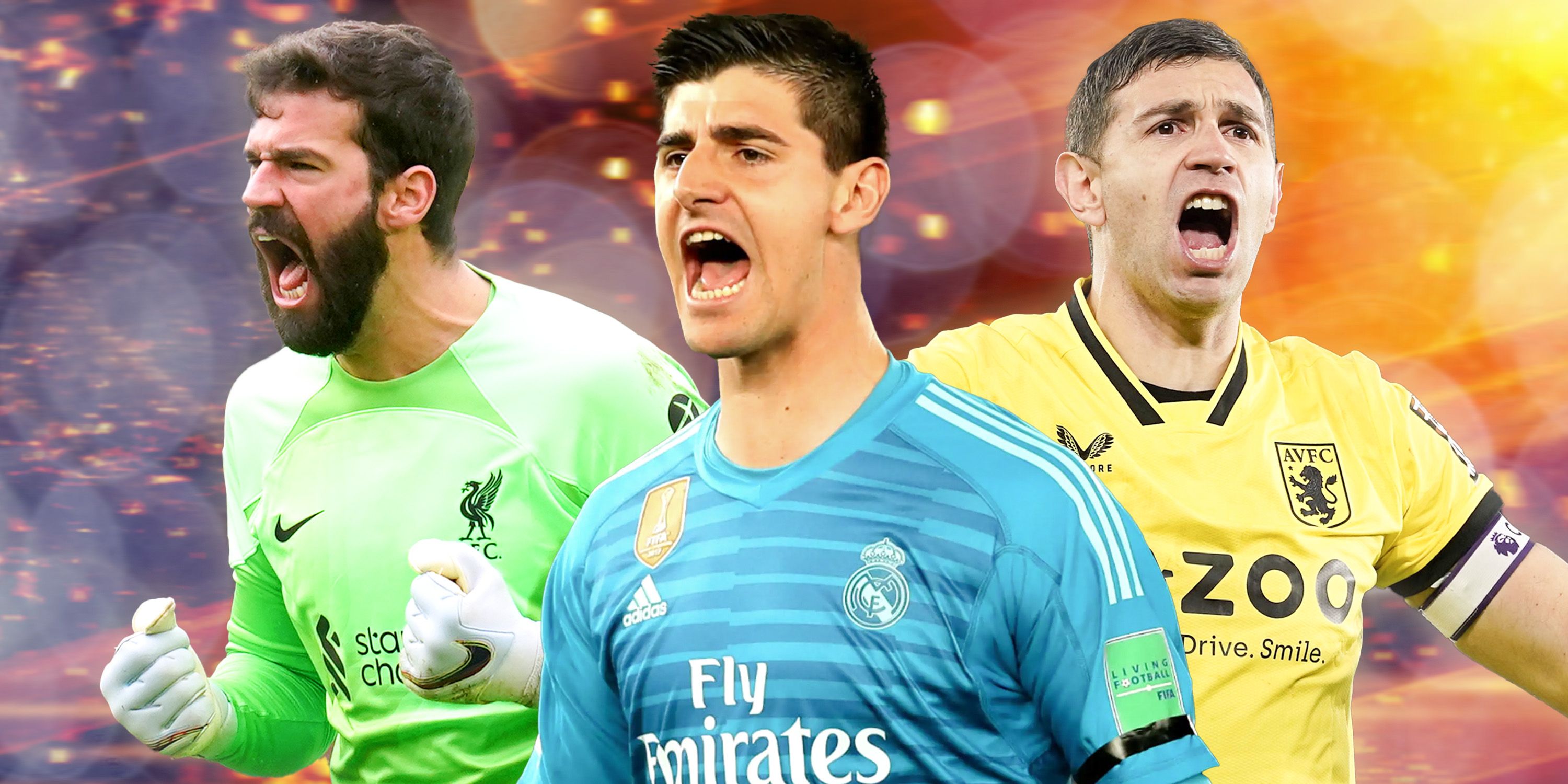 Collage featuring Alisson Becker, Thiabut Courtois and Emiliano Martinez.