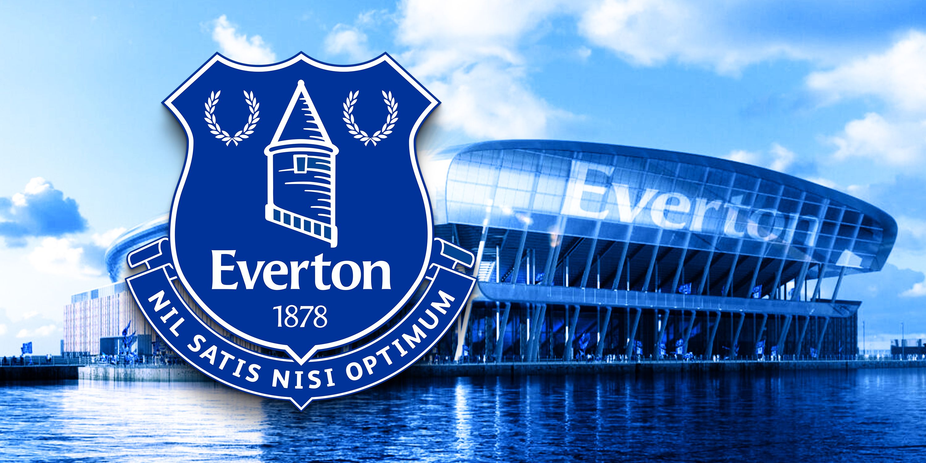 Everton's club crest and the new Bramley Moore Dock stadium.