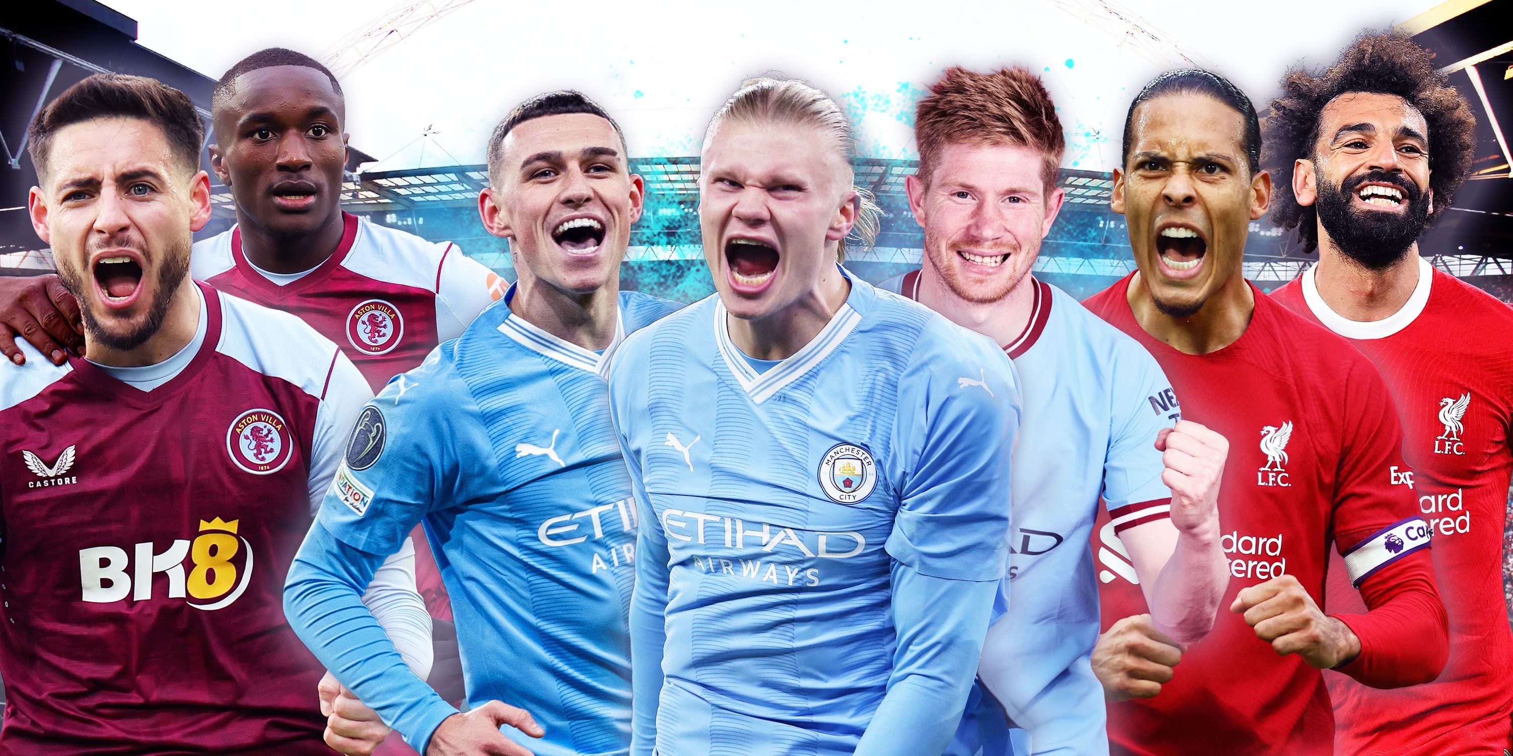 Collage featuring Aston Villa, Manchester City and Liverpool players with Wembley Stadium behind.