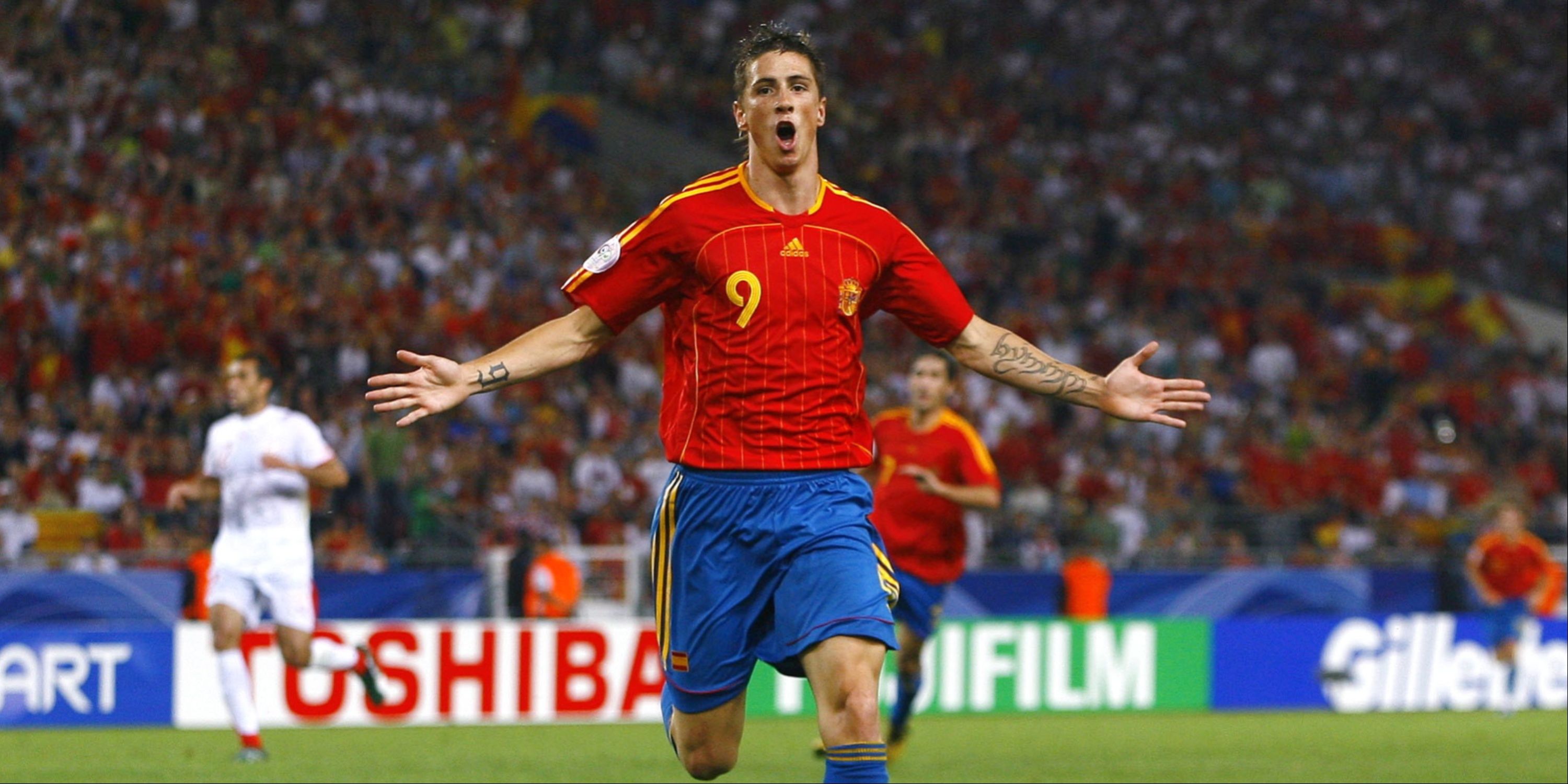 Fernando Torres celebrates scoring for Spain. 