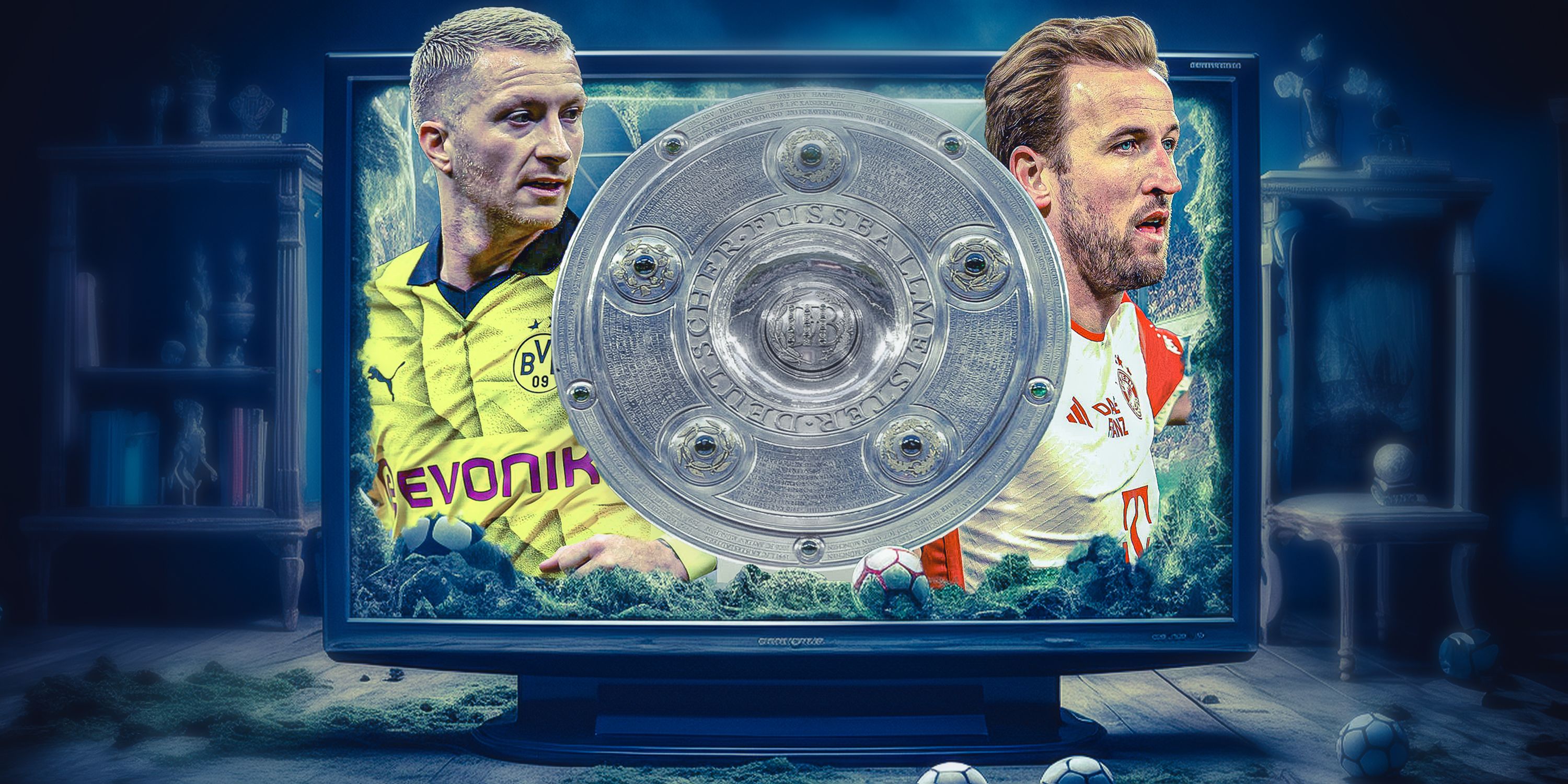 Image of Marco Reus and Harry Kane surrounding the Bundesliga trophy.