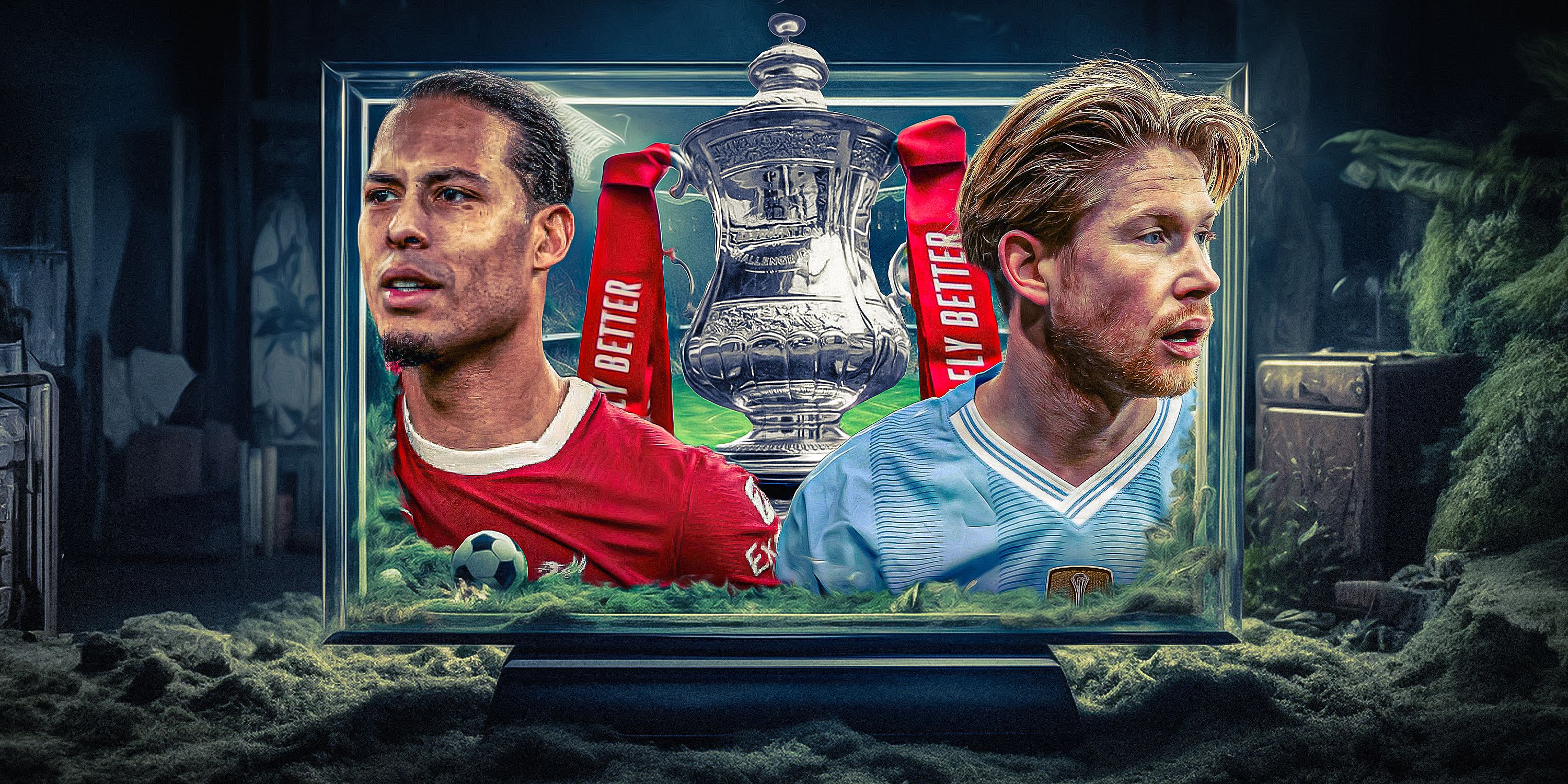 Collage of Virgil van Dijk, the FA Cup trophy and Kevin De Bruyne.
