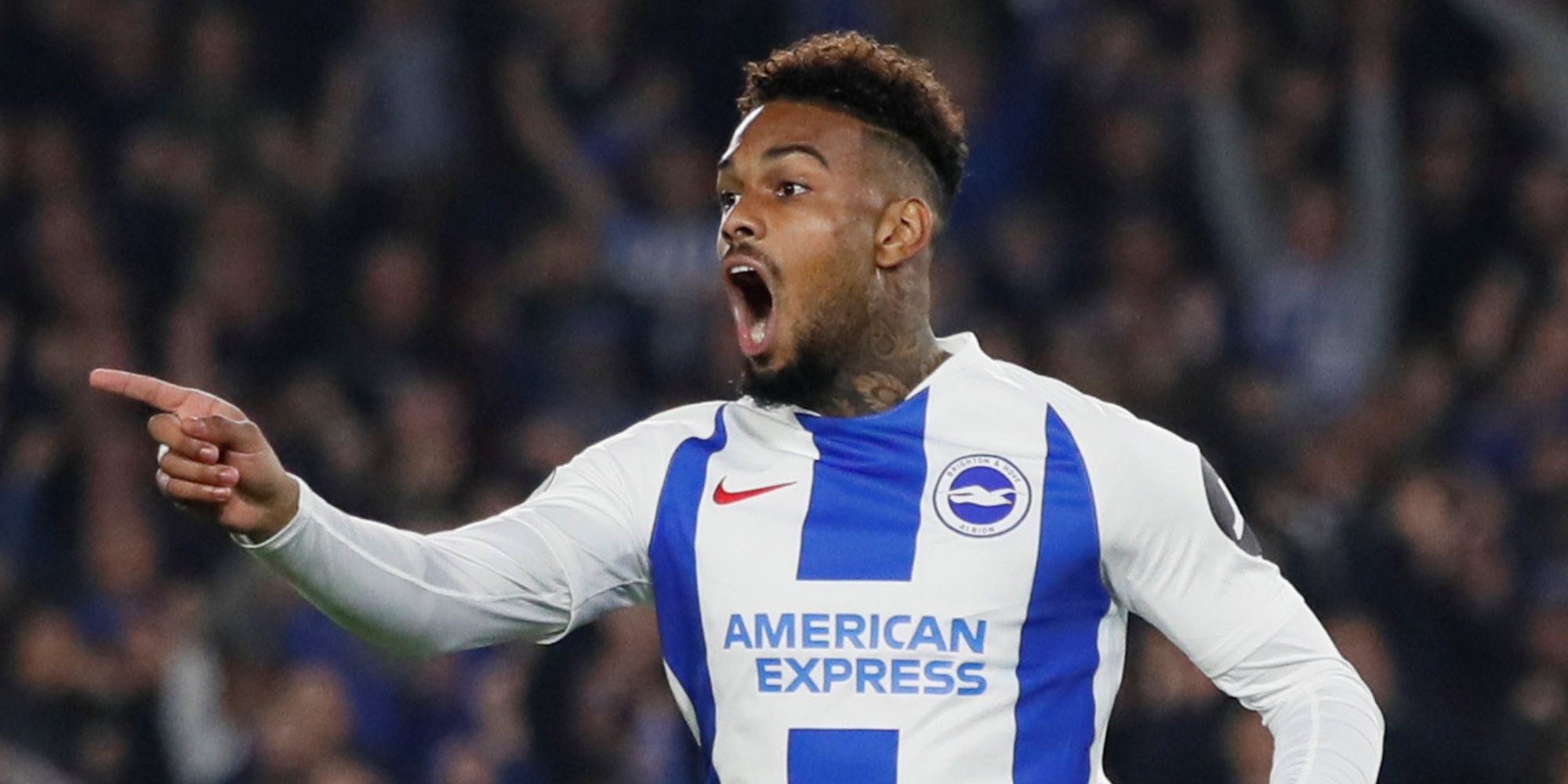 Brighton's Jurgen Locadia reacts after his goal is disallowed by referee Kevin Friend