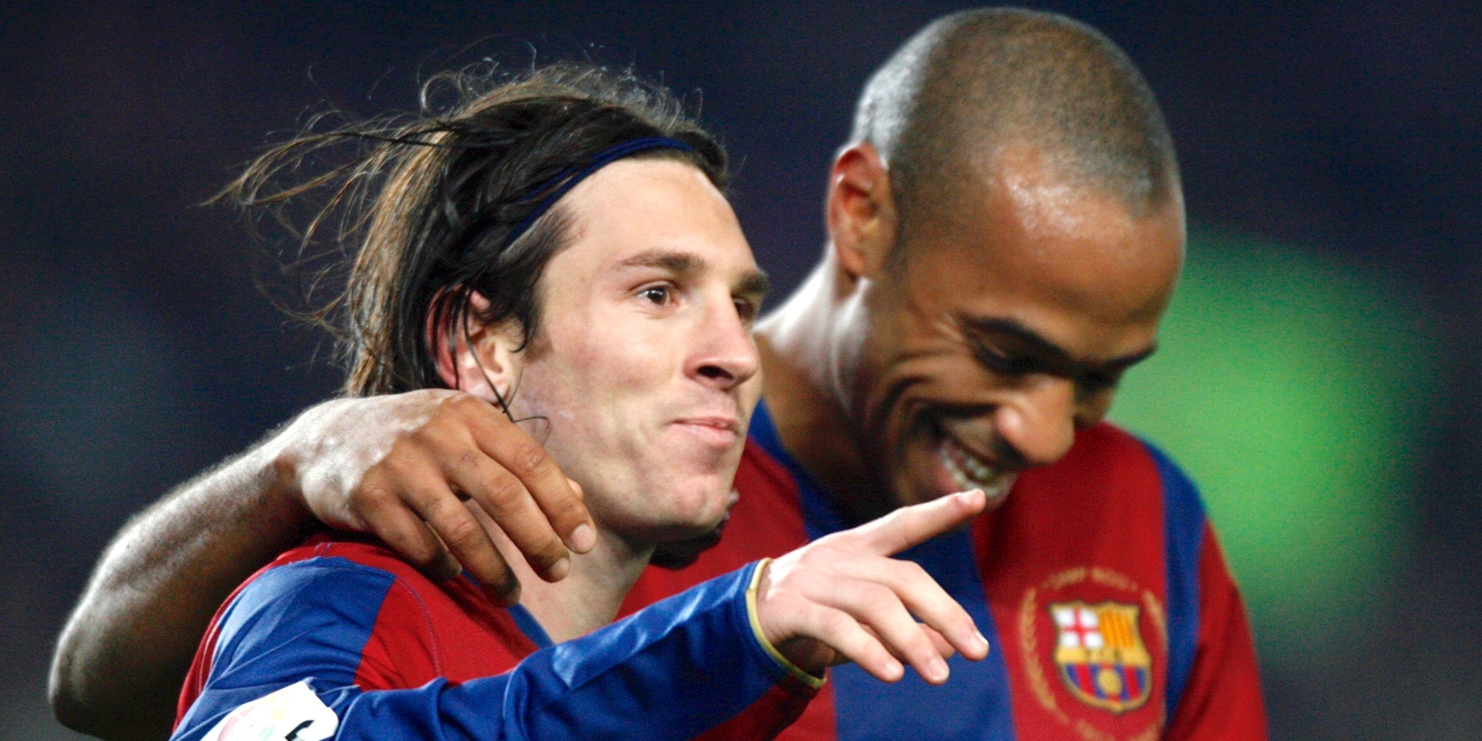 Thierry Henry smiling with his arm round Lionel Messi