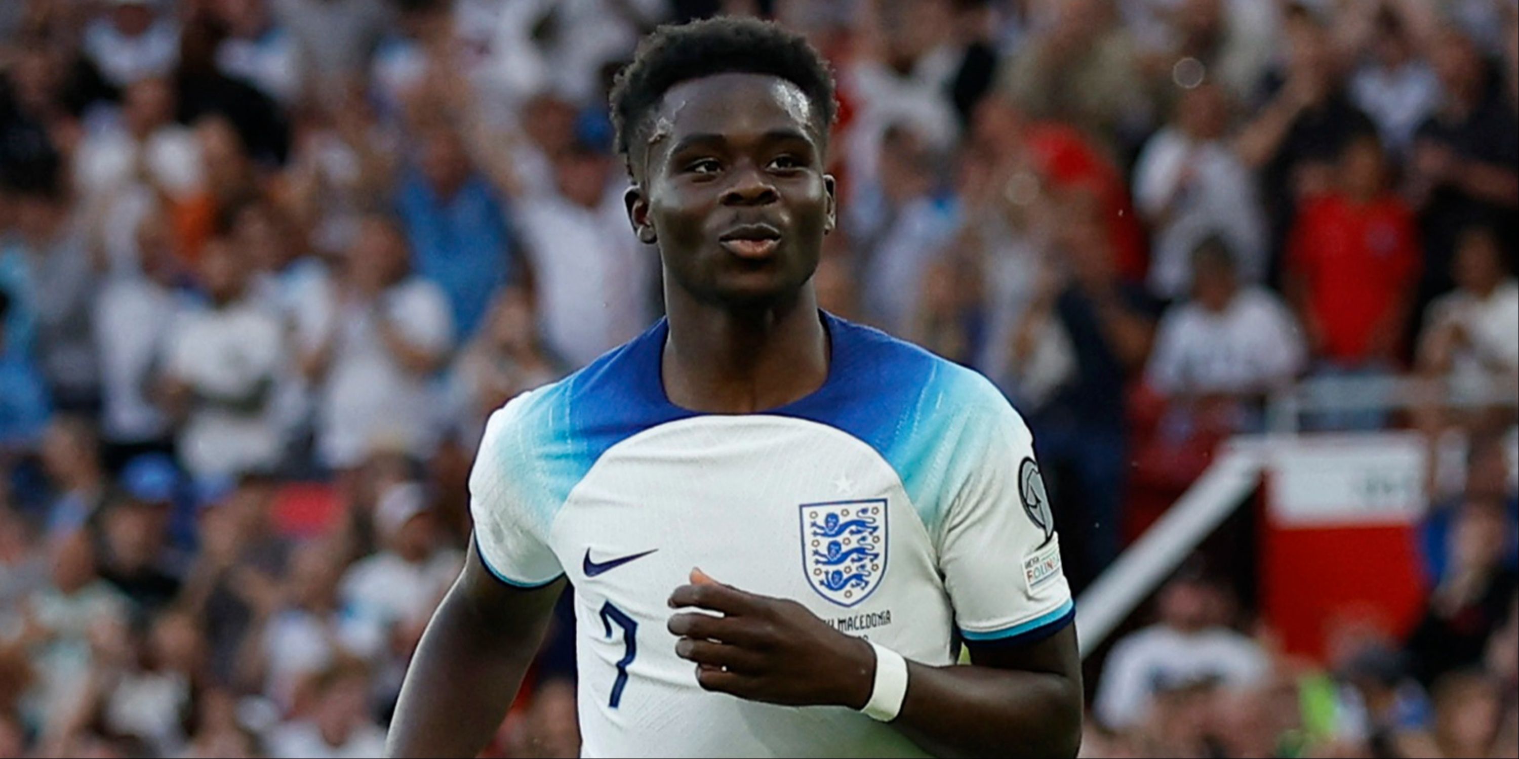 Bukayo Saka celebrates scoring for England