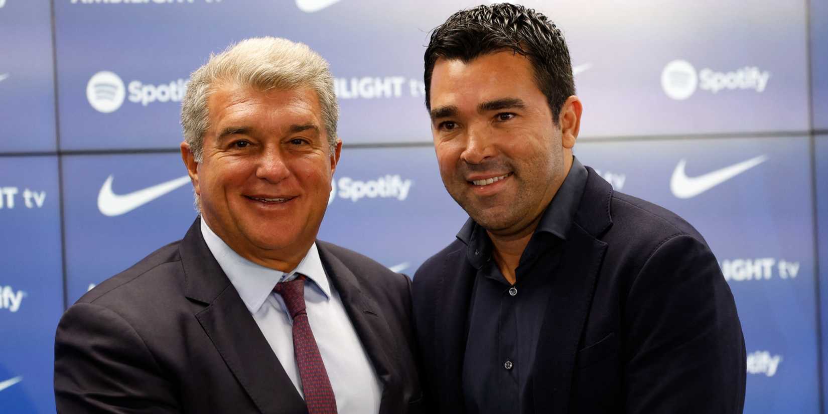 Barcelona president Joan Laporta with sporting director Deco during a board meeting