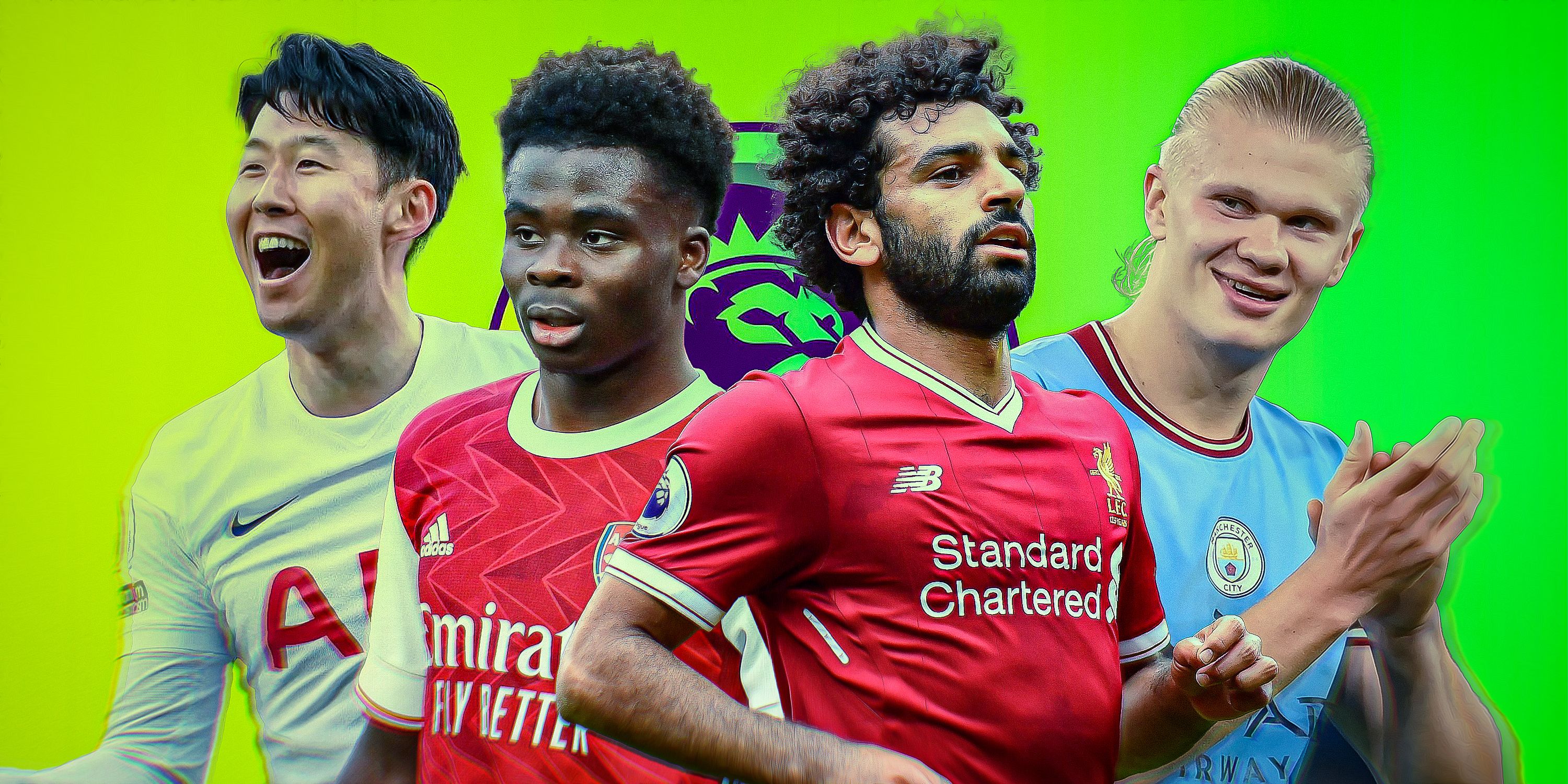Premier League players Mohamed Salah, Bukayo Saka, Heung-min Son and Erling Haaland