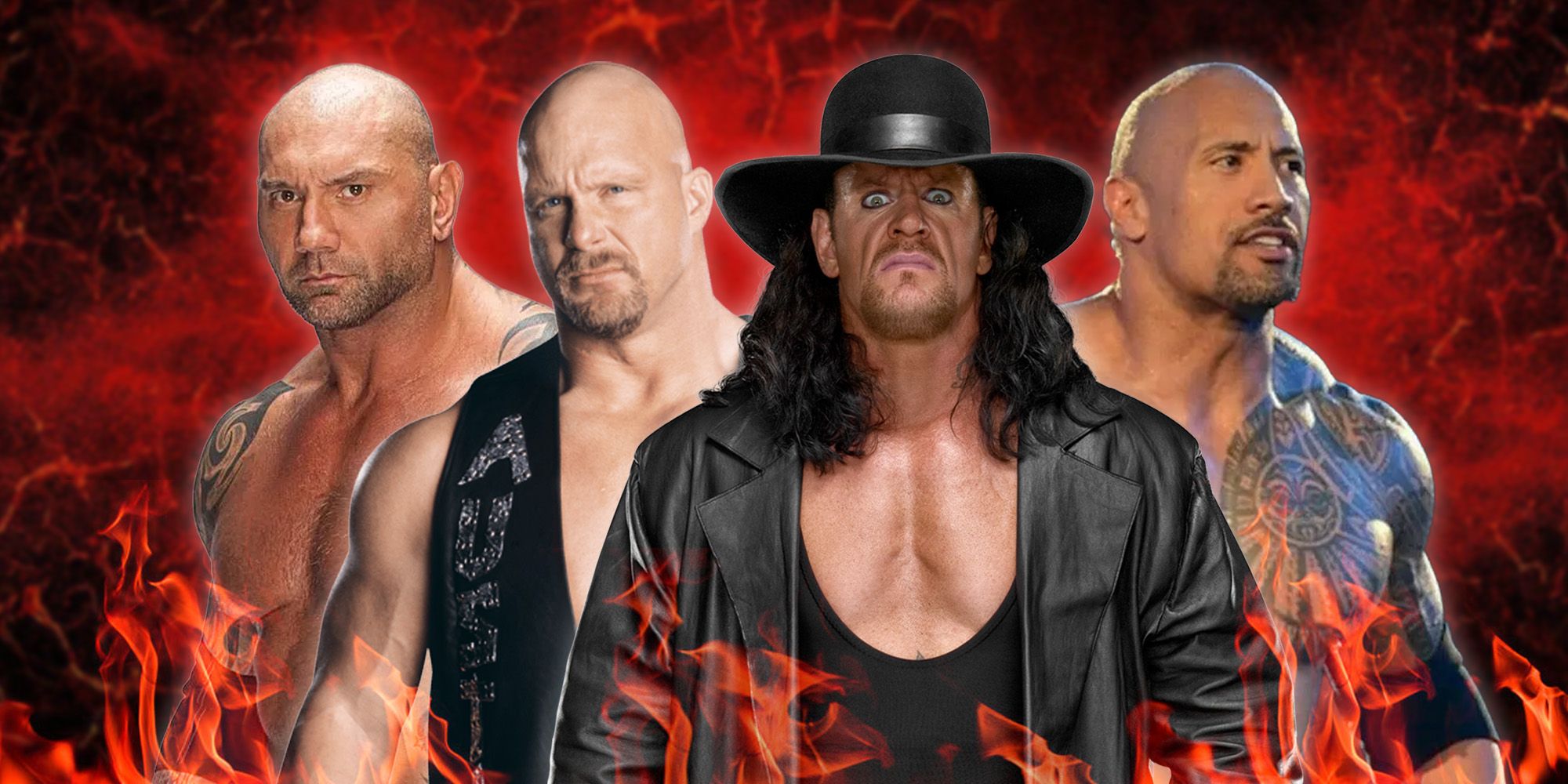 Collage featuring Batista, Stone Cold Steve Austin, The Undertaker and The Rock.