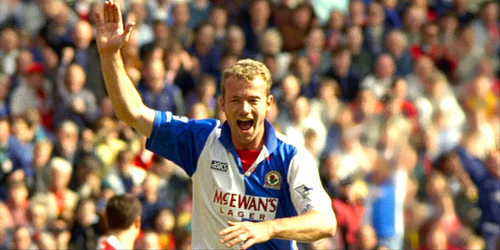 Alan Shearer celebrates scoring for Blackburn. 