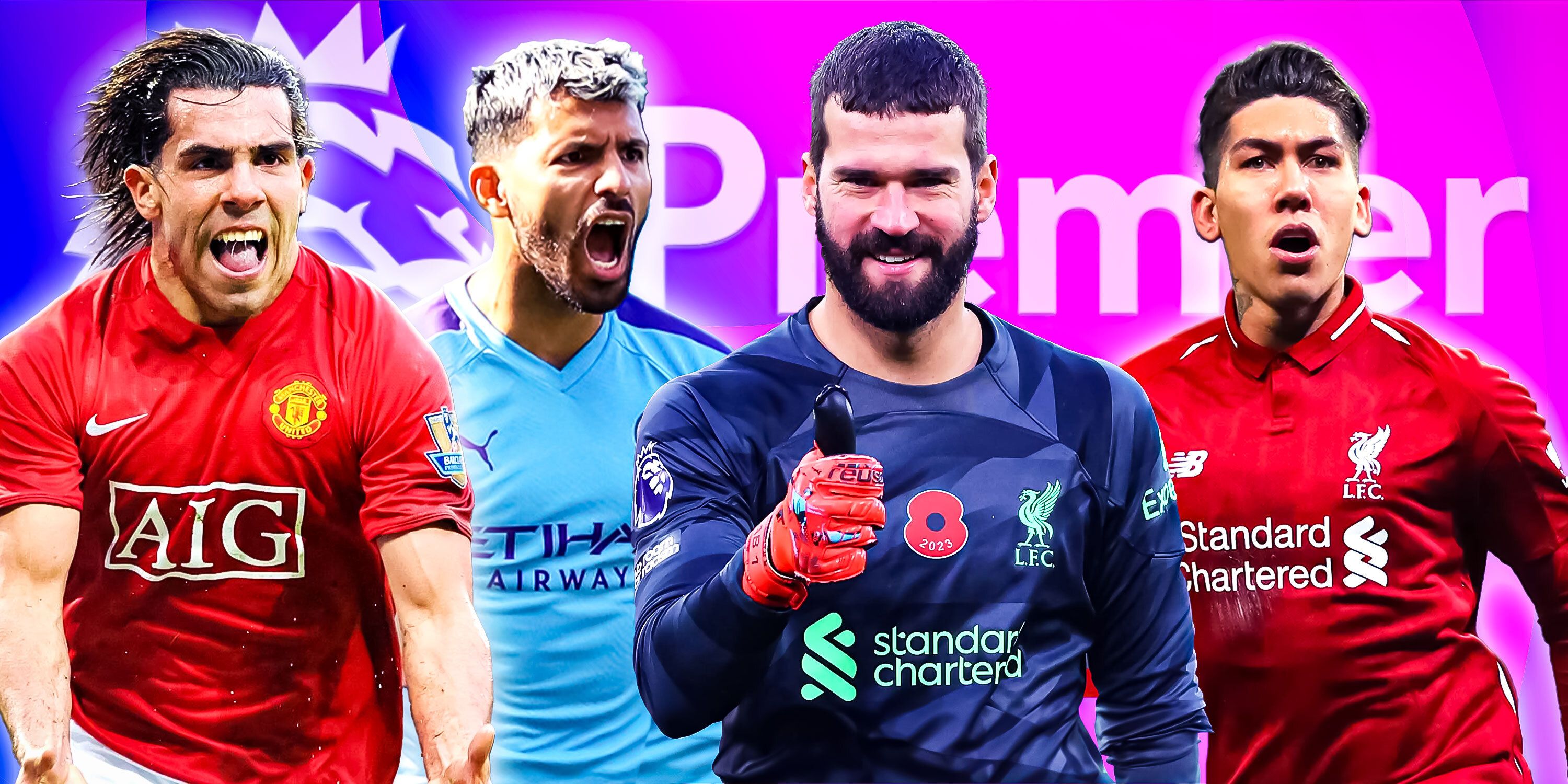 Top 10 best South American players in Premier League history featuring Alisson, Roberto Firmino, Carlos Tevez and Sergio Aguero