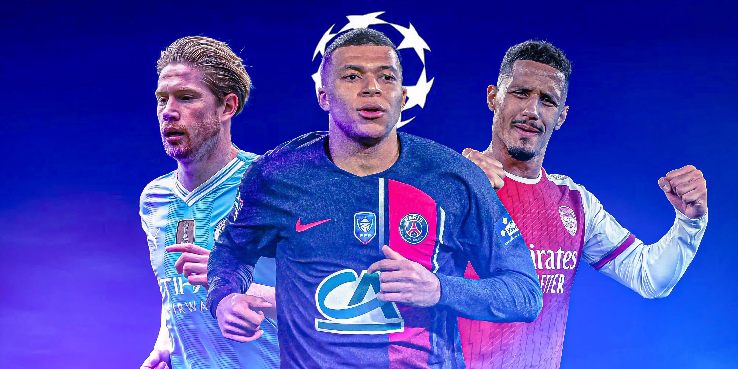Manchester City's Kevin De Bruyne, PSG's Kylian Mbappe, and Arsenal's William Saliba.