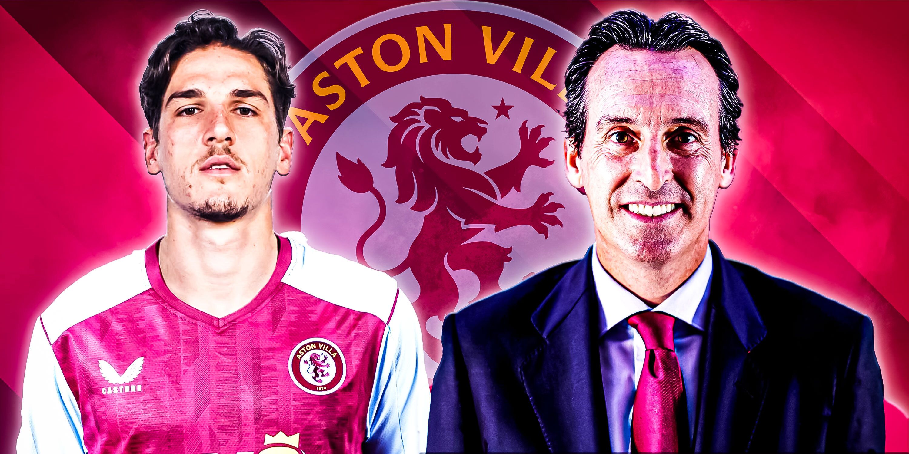 Aston Villa winger Nicolo Zaniolo and boss Unai Emery smiling