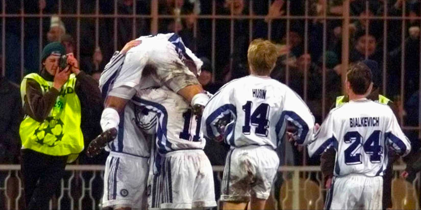 Dynamo Kyiv players celebrate scoring against Real Madrid.