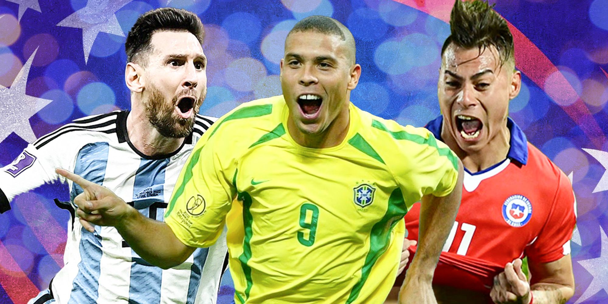 Lionel Messi, Ronaldo and Eduardo Vargas all celebrating.