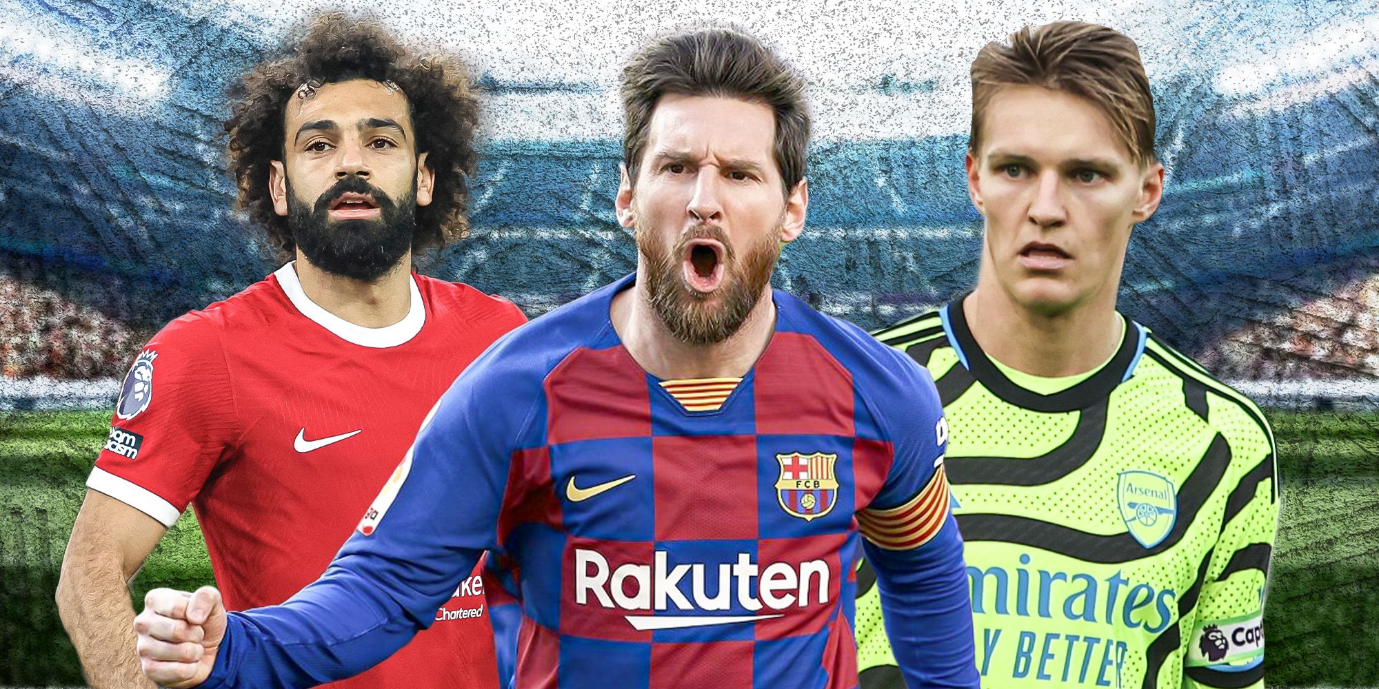 Liverpool's Mohamed Salah, Barcelona's Lionel Messi, and Arsenal's Martin Odegaard.