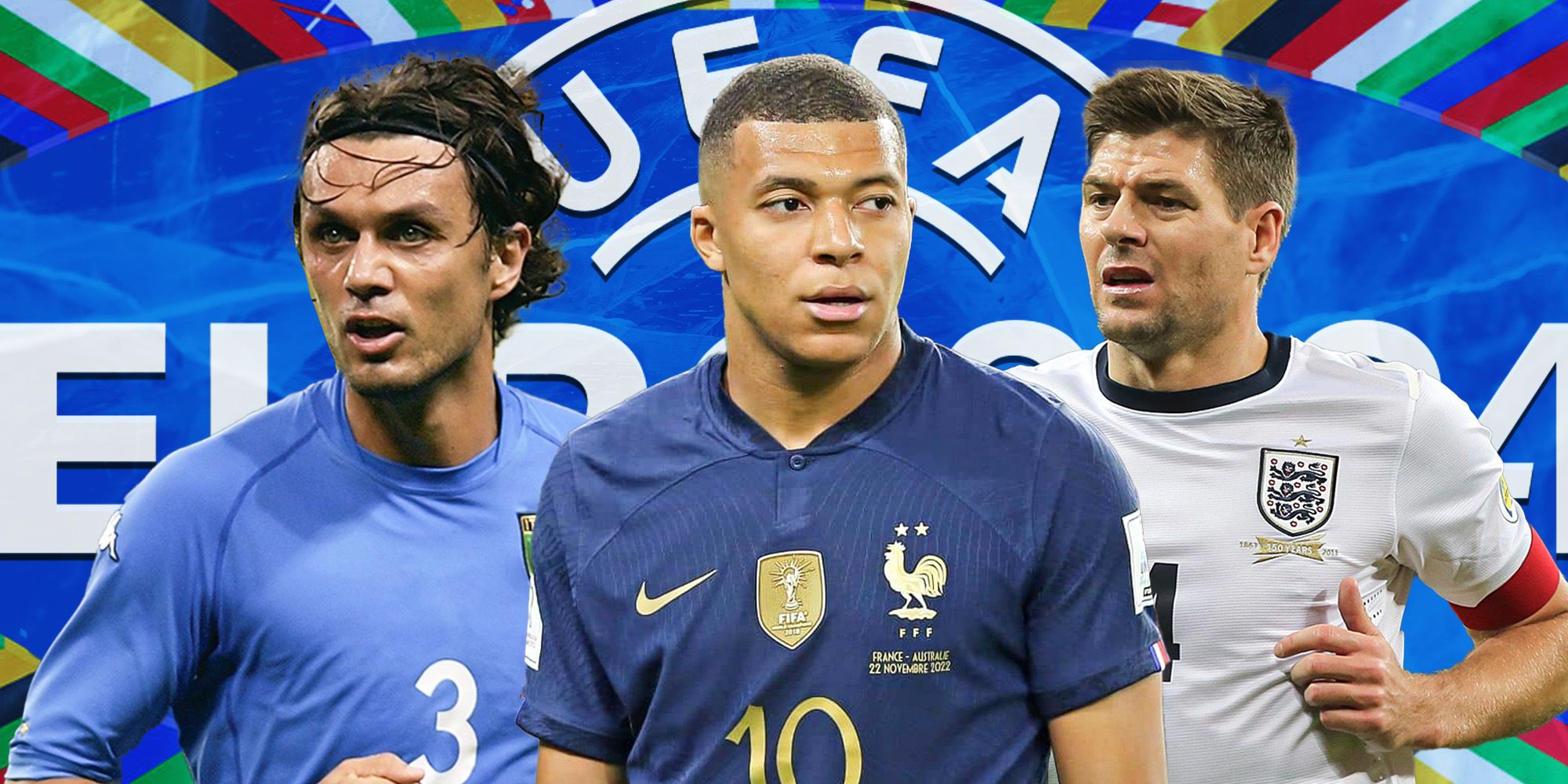 Paolo Maldini, Kylian Mbappe and Steven Gerrard in front of the Euro 2024 logo.