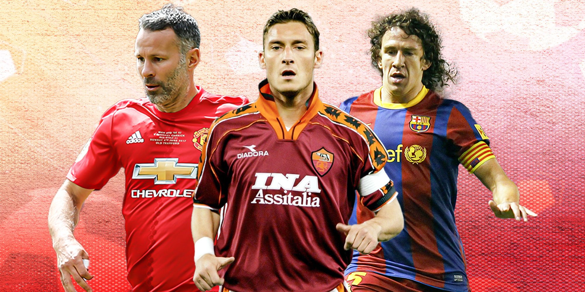 Collage featuring Man Utd's Ryan Giggs, Roma's Francesco Totti and Barcelona's Carlos Puyol.