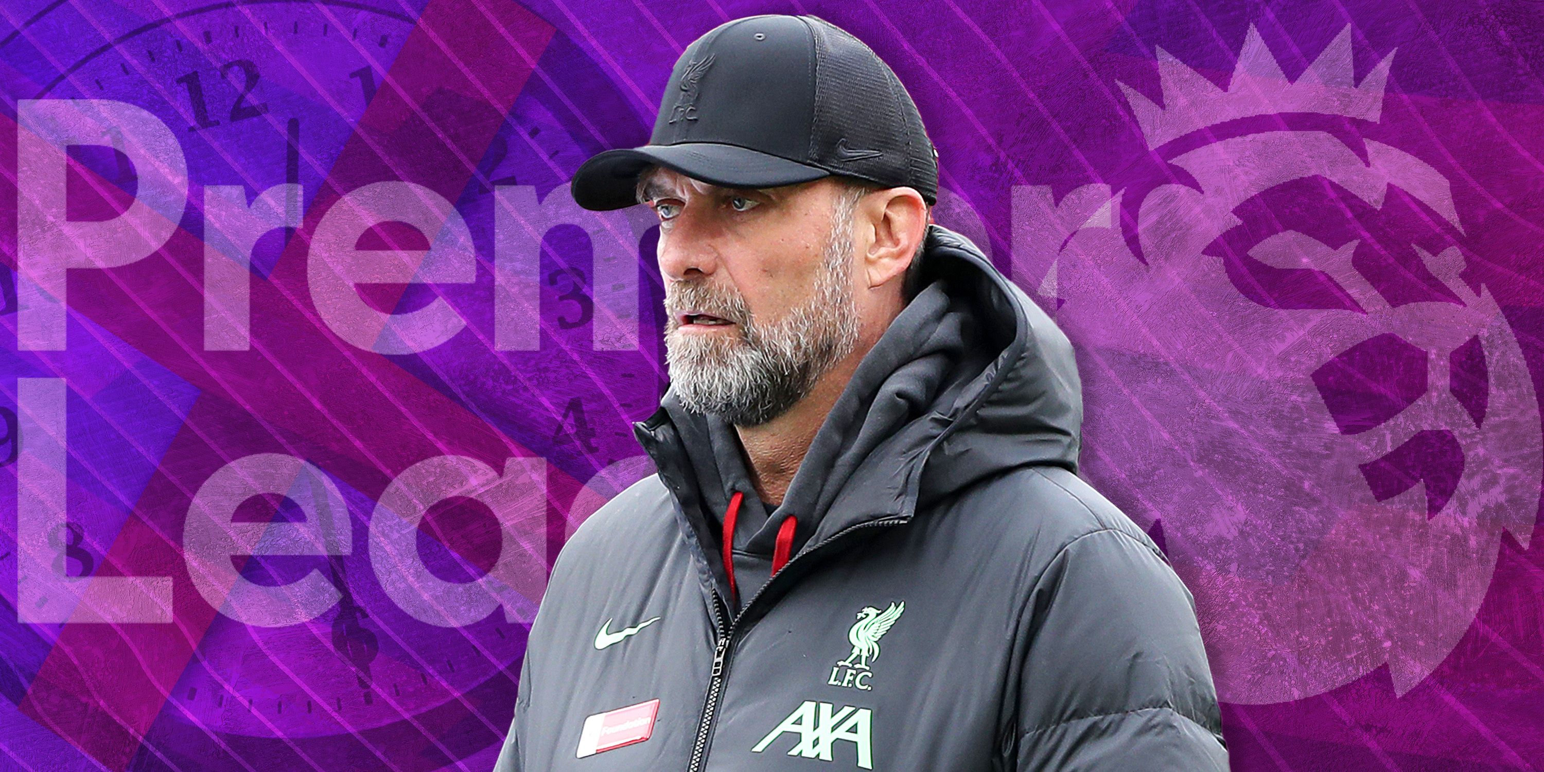 A Premier League logo, Jurgen Klopp looking confused, and a clock with an X across it