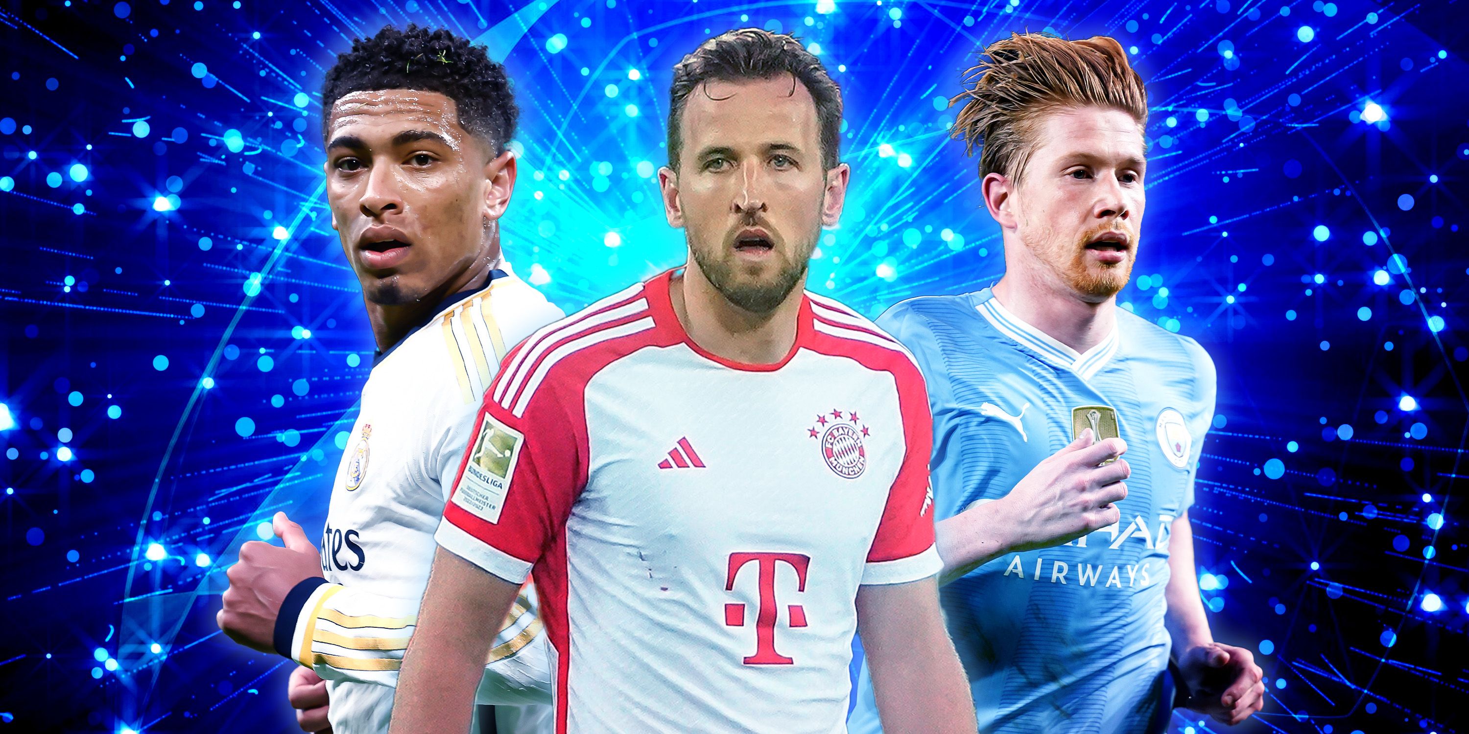 Real Madrid's Jude Bellingham, Bayern Munich's Harry Kane, and Man City's Kevin De Bruyne.