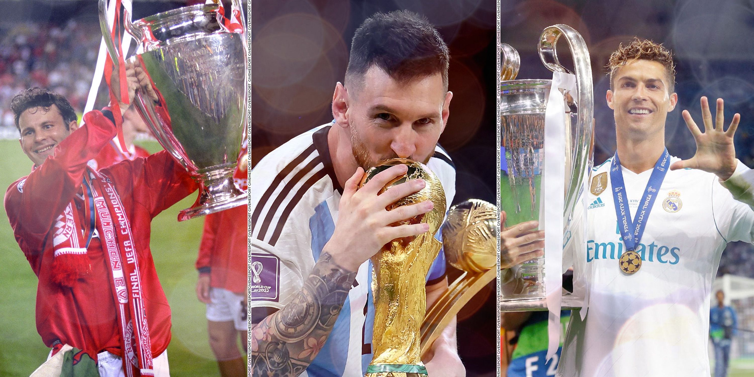 Ryan Giggs with the Champions League trophy, Lionel Messi with the World Cup trophy and Cristiano Ronaldo with the Champions League trophy