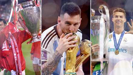 Ryan Giggs with the Champions League trophy, Lionel Messi with the World Cup trophy and Cristiano Ronaldo with the Champions League trophy
