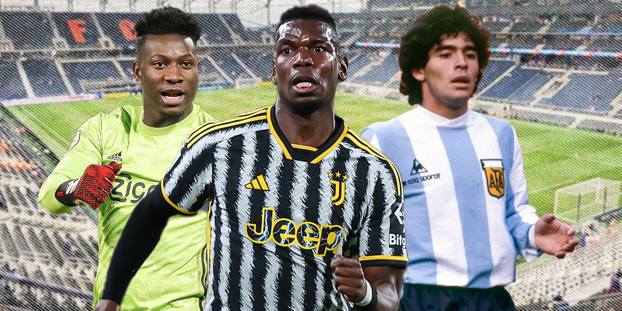 Paul Pogba in a Juventus shirt in the middle, with Diego Maradona in Argentina shirt, Andre Onana in Ajax shirt either side