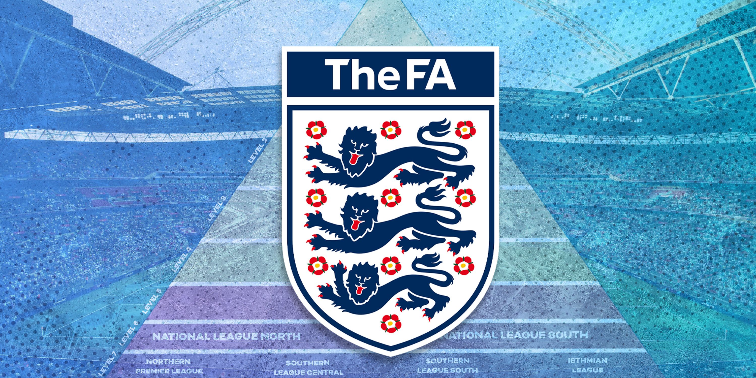 Collage of the English FA badge and the football pyramid chart.