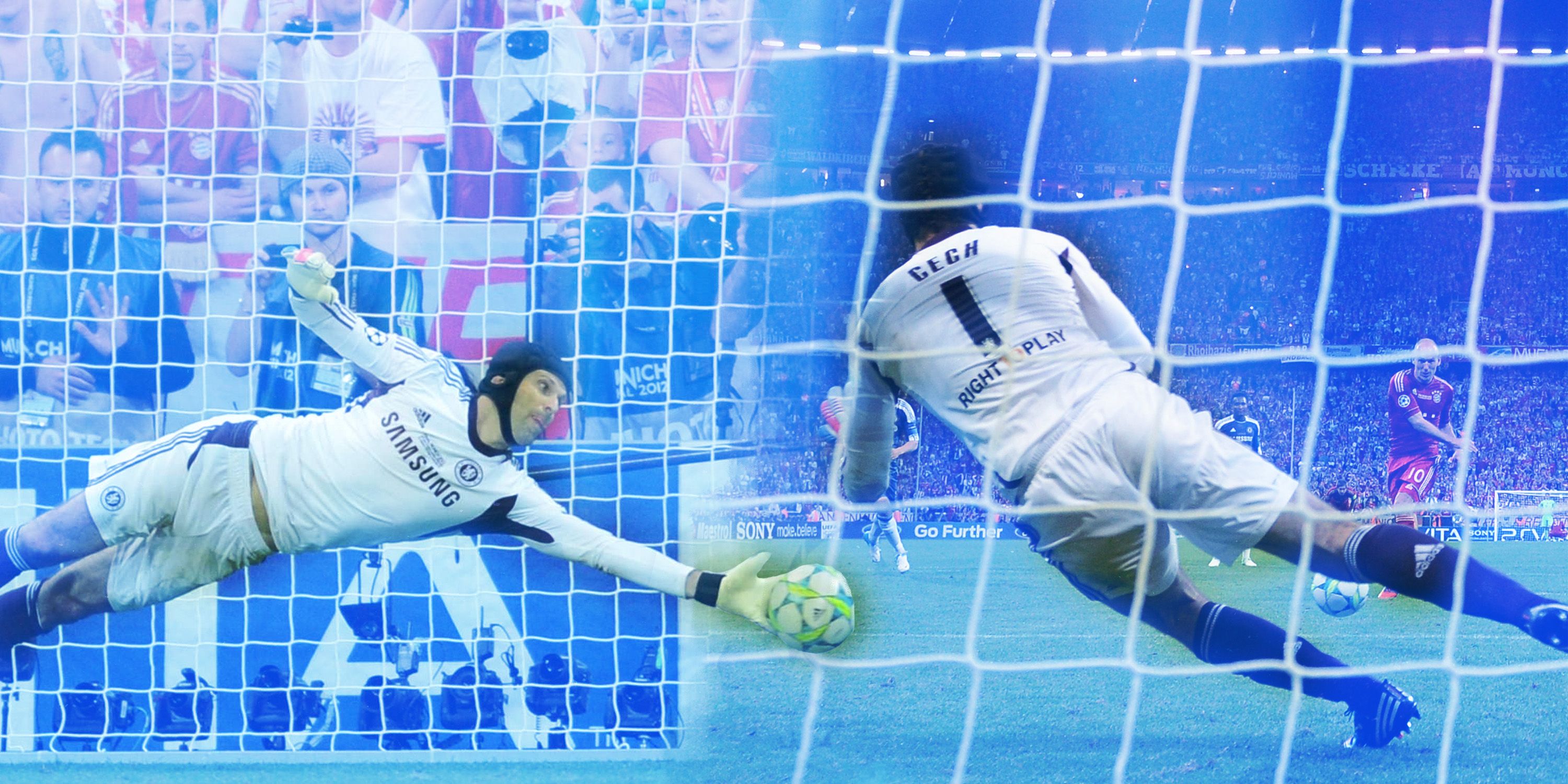 Petr Cech making penalty saves for Chelsea vs Bayern Munich in 2012 Champions League final