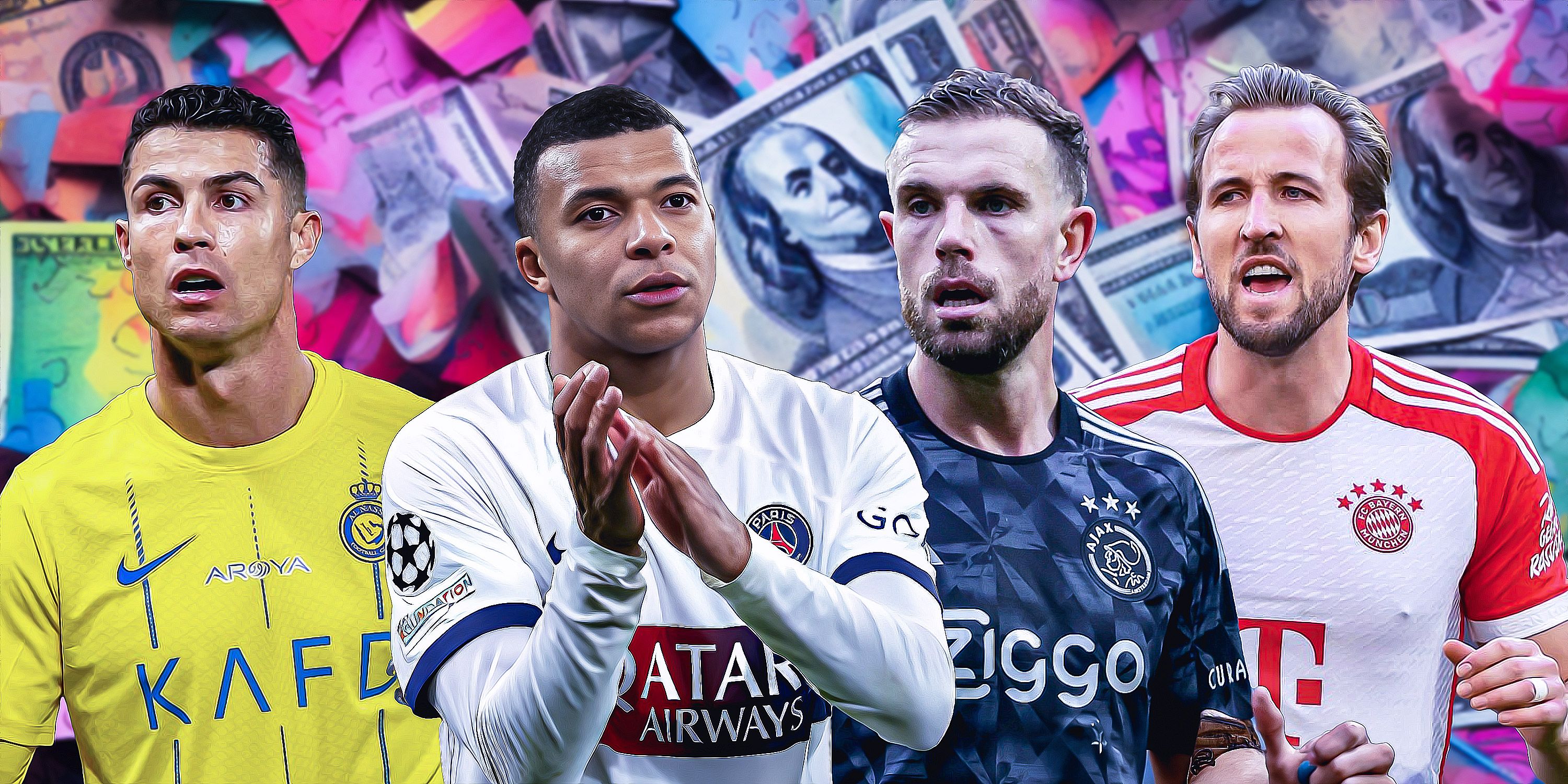 Cristiano Ronaldo, Harry Kane, Kylian Mbappe, and Jordan Henderson with money-themed backdrop