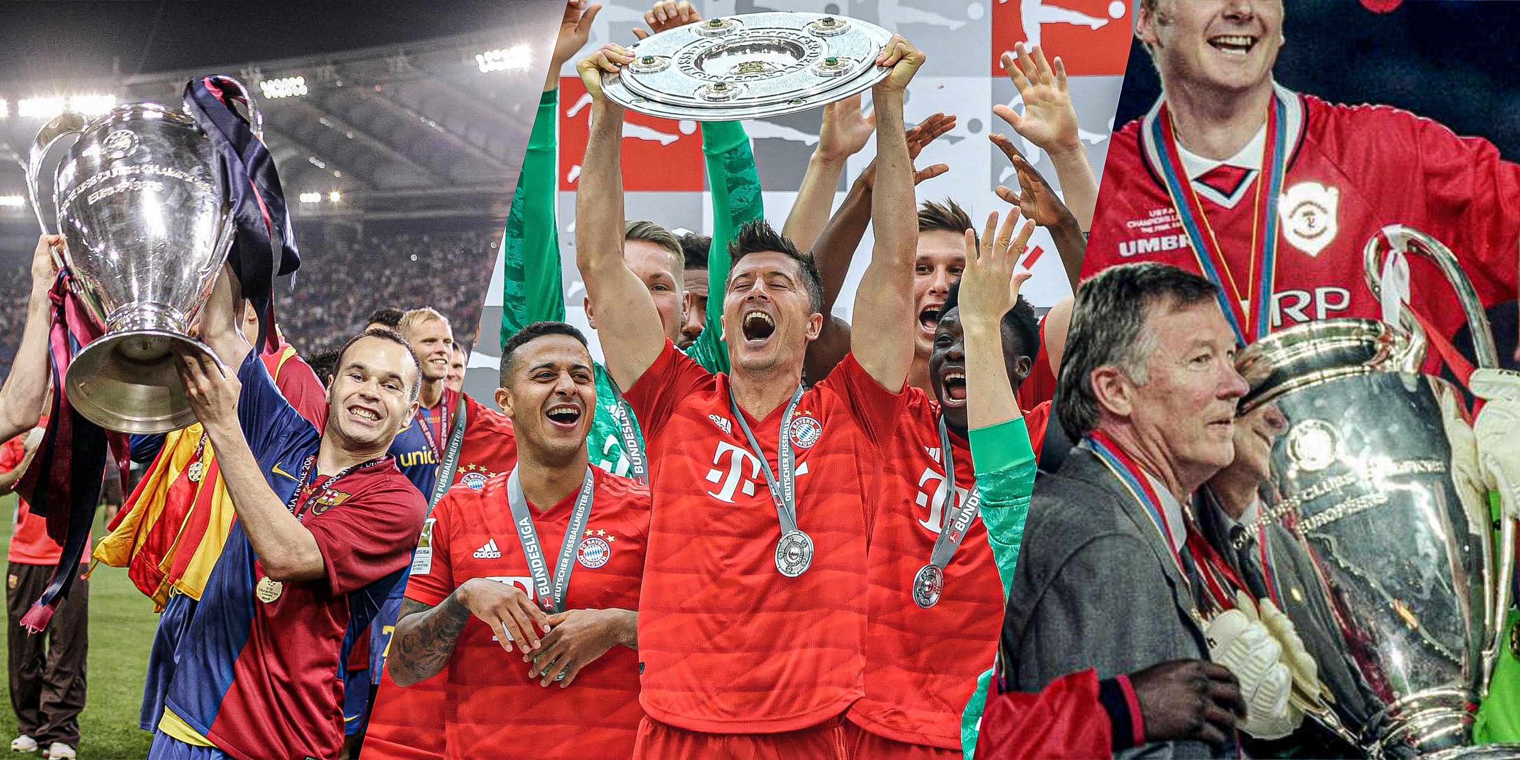 Every team to have won the treble in European football featuring Barcelona, Bayern Munich and Manchester United