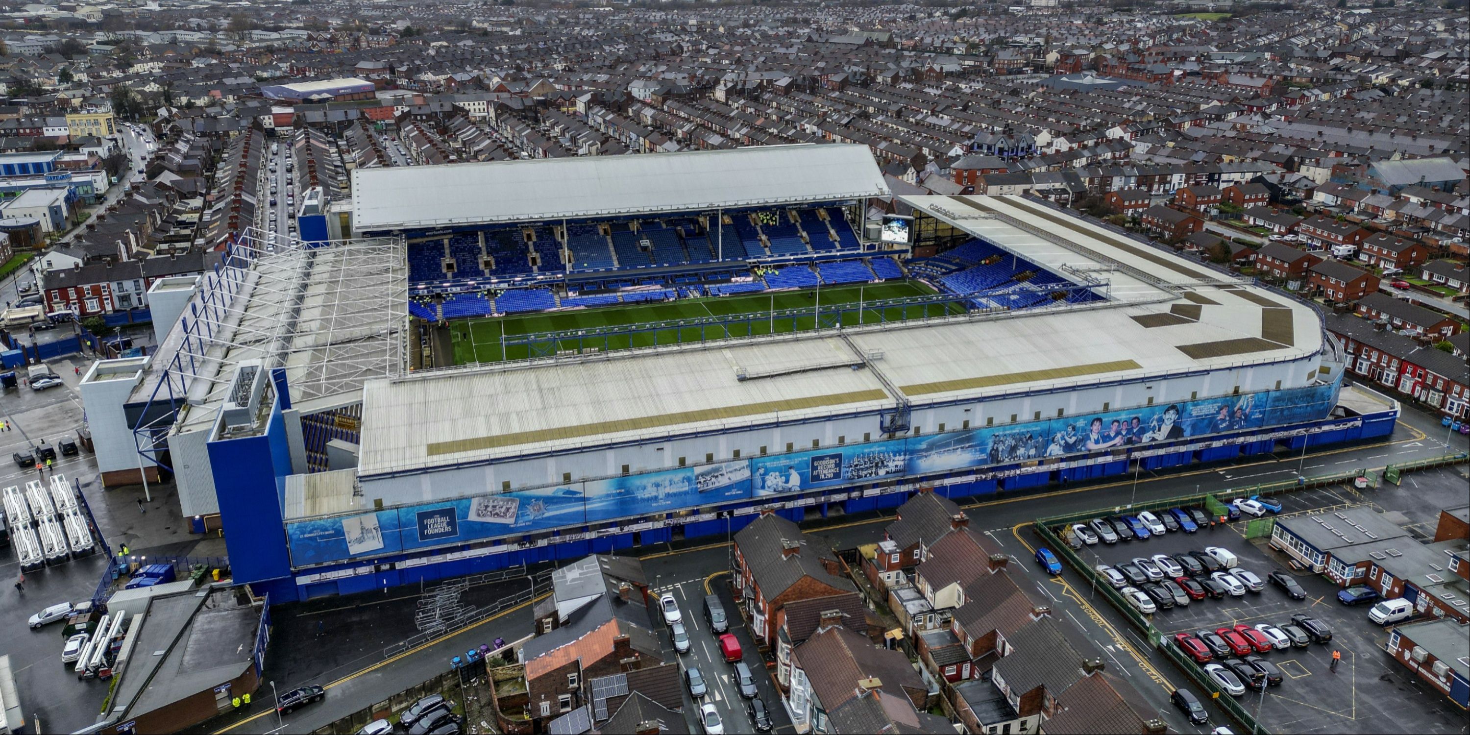 Aerial shot of Goodison Park. 