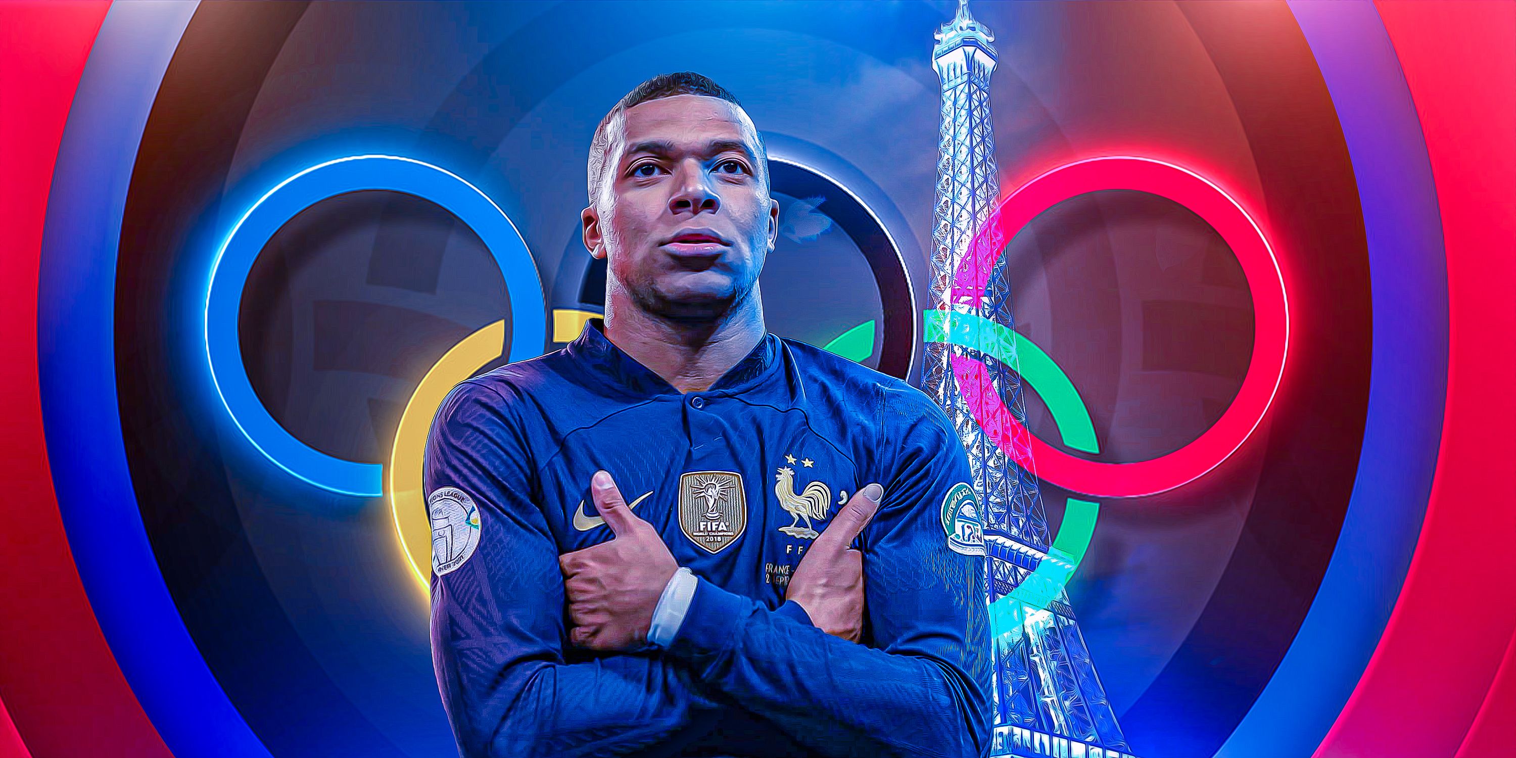 France's Kylian Mbappe standing in front of the Olympic rings and the Eiffel Tower.