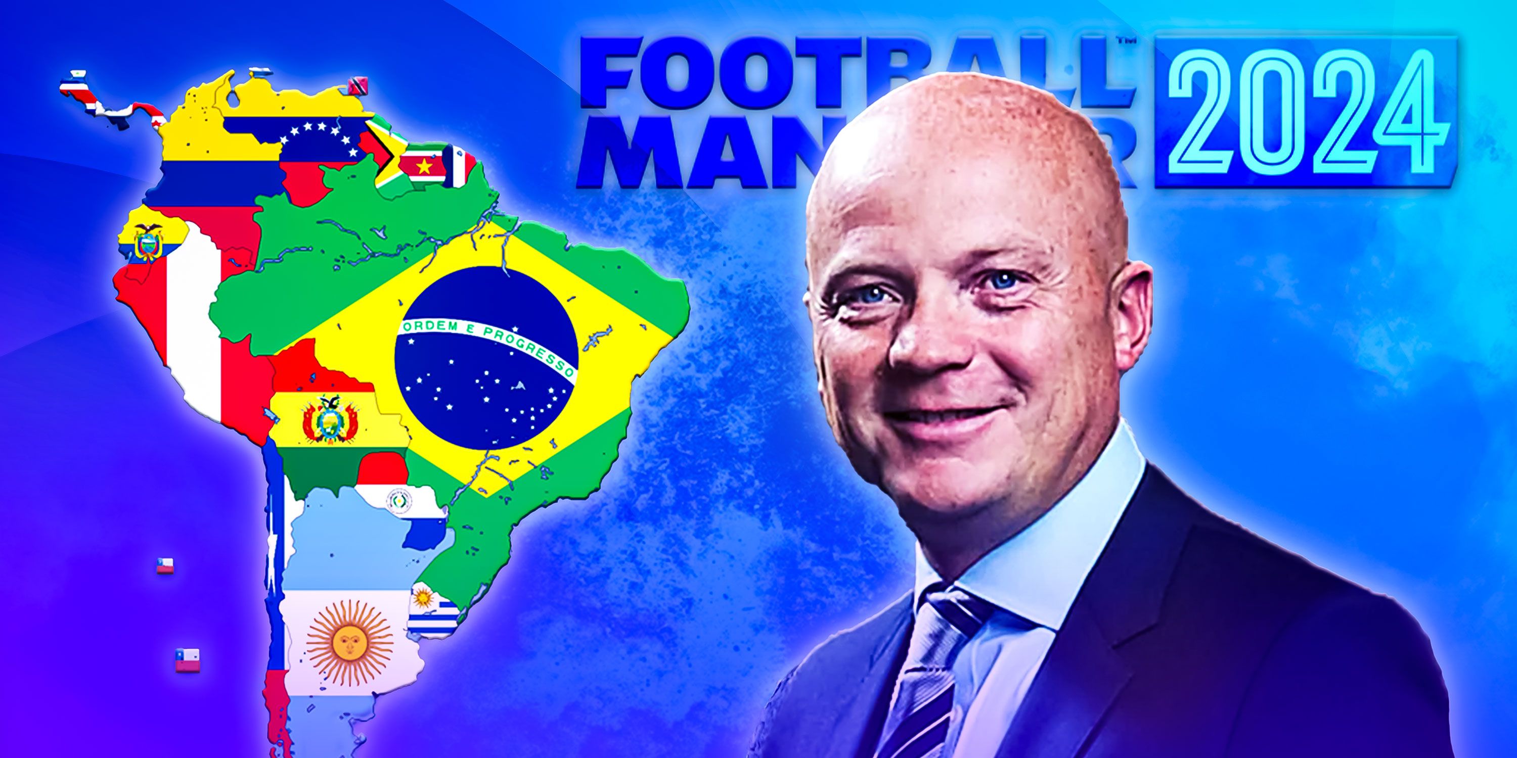 A football scout with a map of South America and the Football Manager 2024 logo.