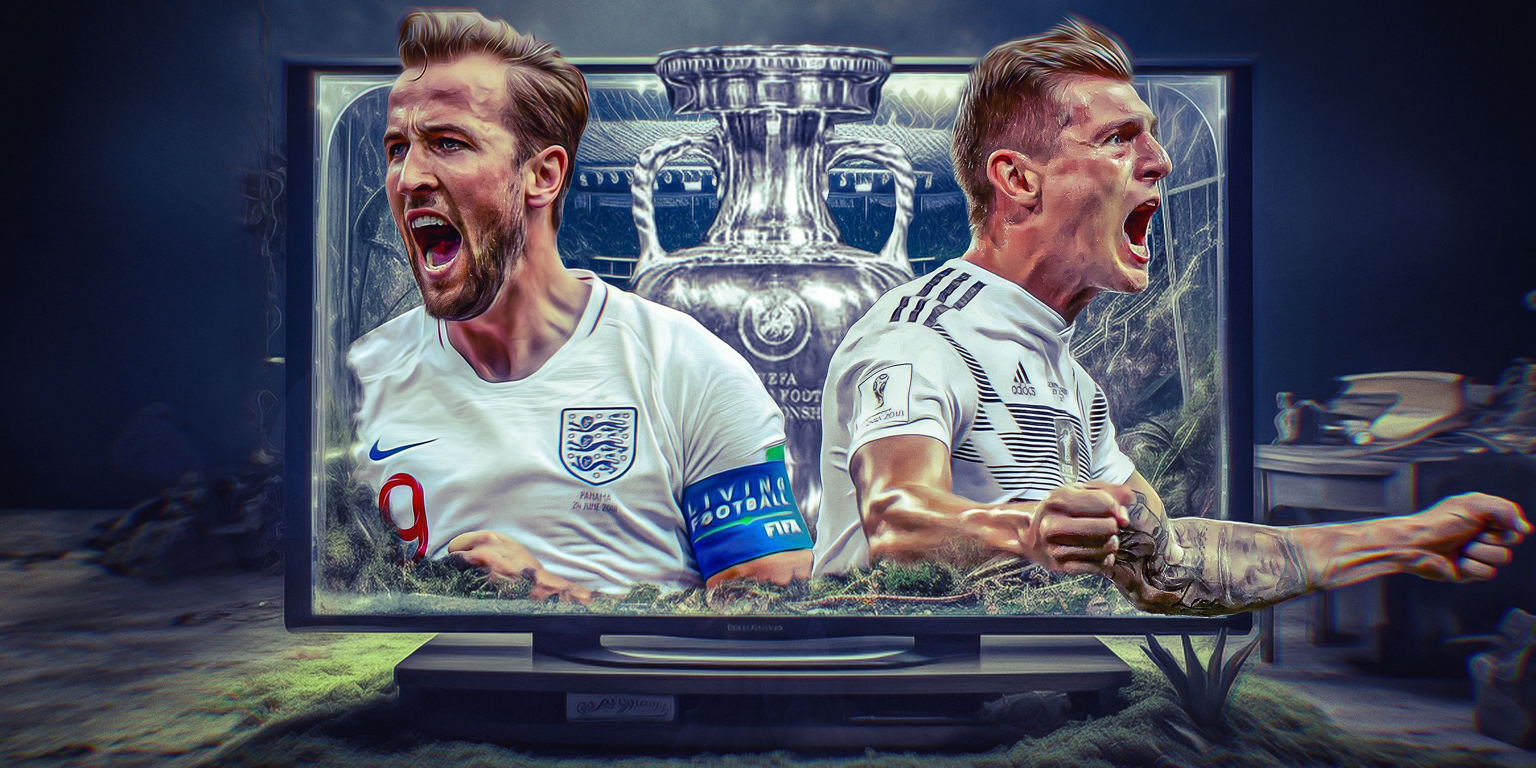 Collage featuring England's Harry Kane, the Euro trophy and Germany's Toni Kroos coming out of a TV.
