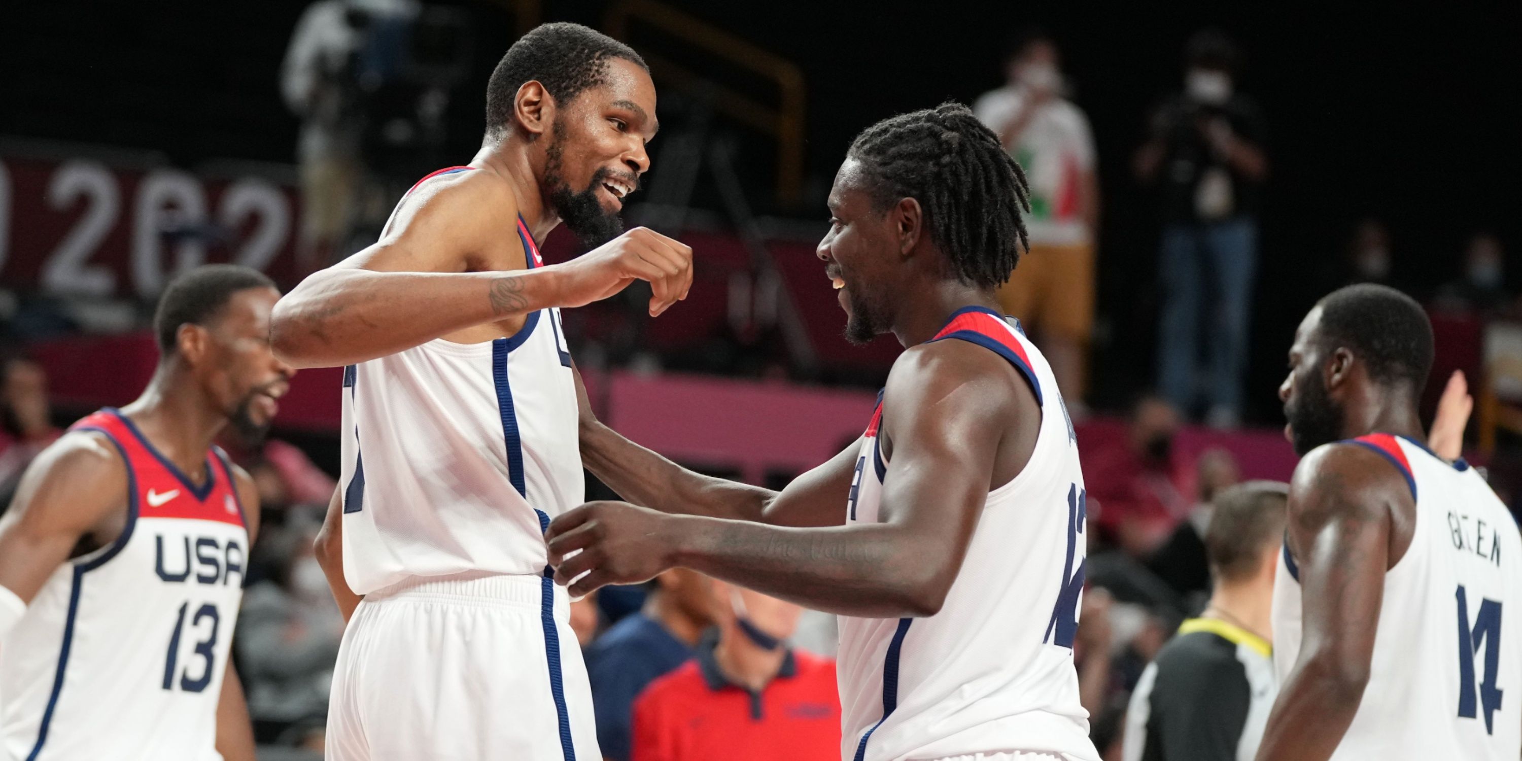 Kevin Durant and Jrue Holiday with Team USA during the 2021 Olympics