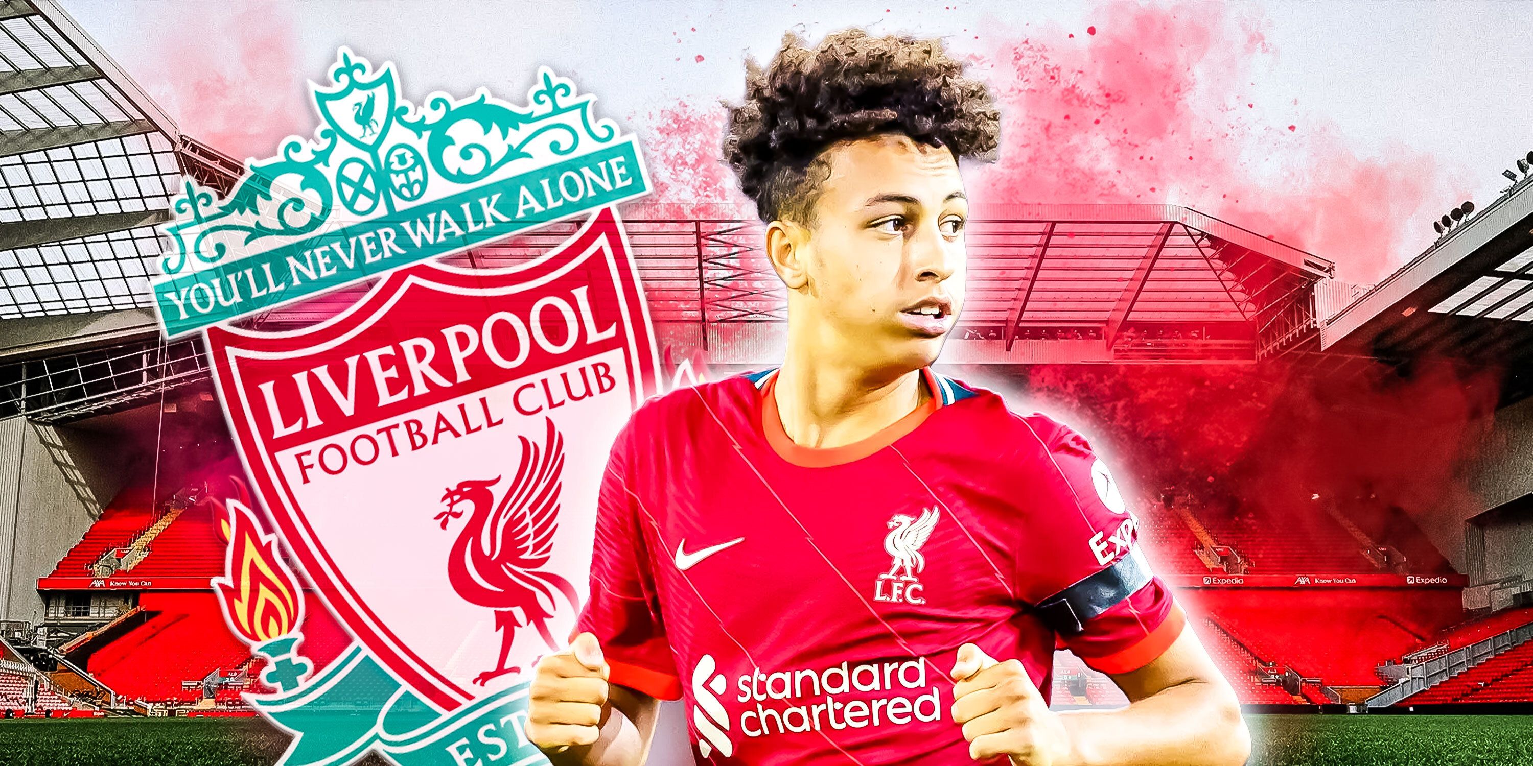 Liverpool academy star Kaide Gordon with the Liverpool badge and Anfield as the background