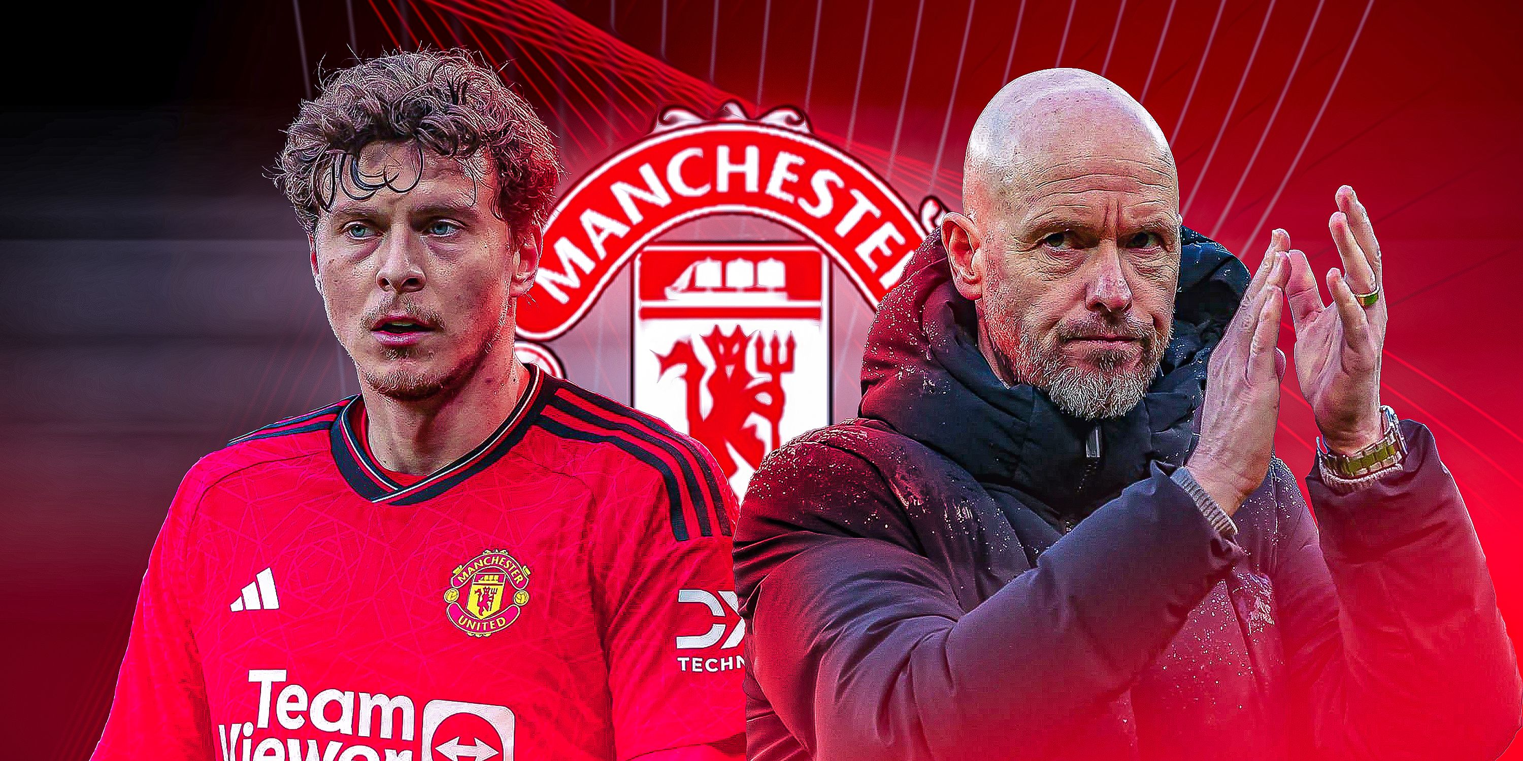 Manchester United defender Victor Lindelof in action and boss Erik ten Hag applauding supporters