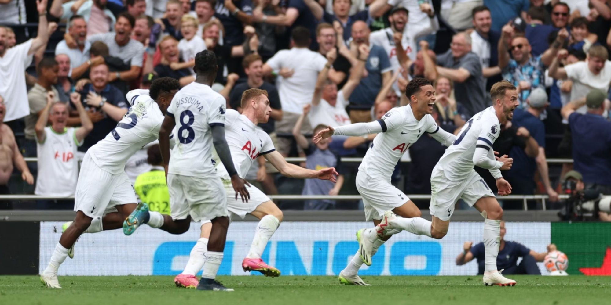 Tottenham's Dejan Kulusevski celebrates scoring their second goal against Sheffield United with teammates.