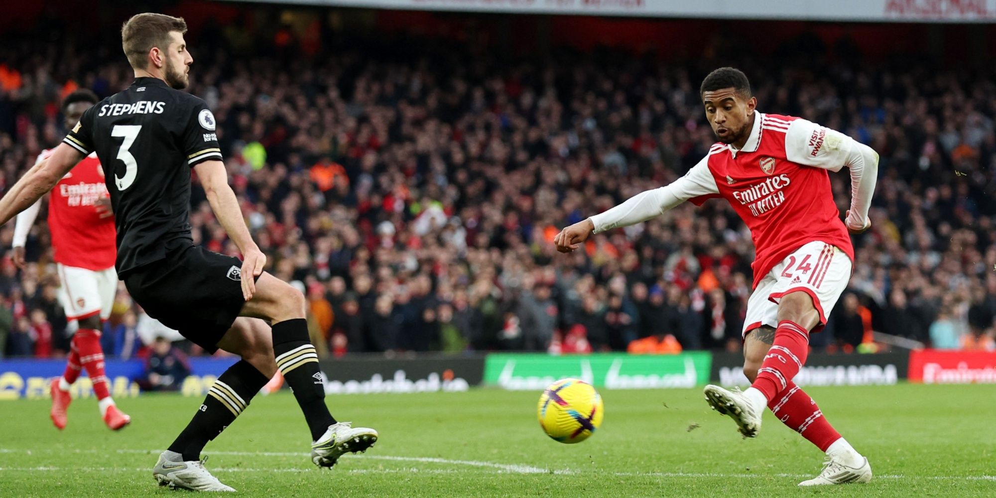 Arsenal's Reiss Nelson scores their third goal to win vs Bournemouth