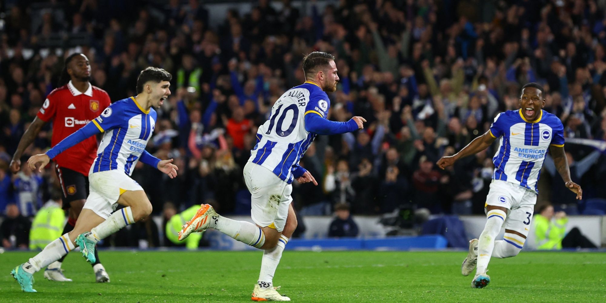 Brighton's Alexis Mac Allister celebrates scoring last-gasp goal against Manchester United